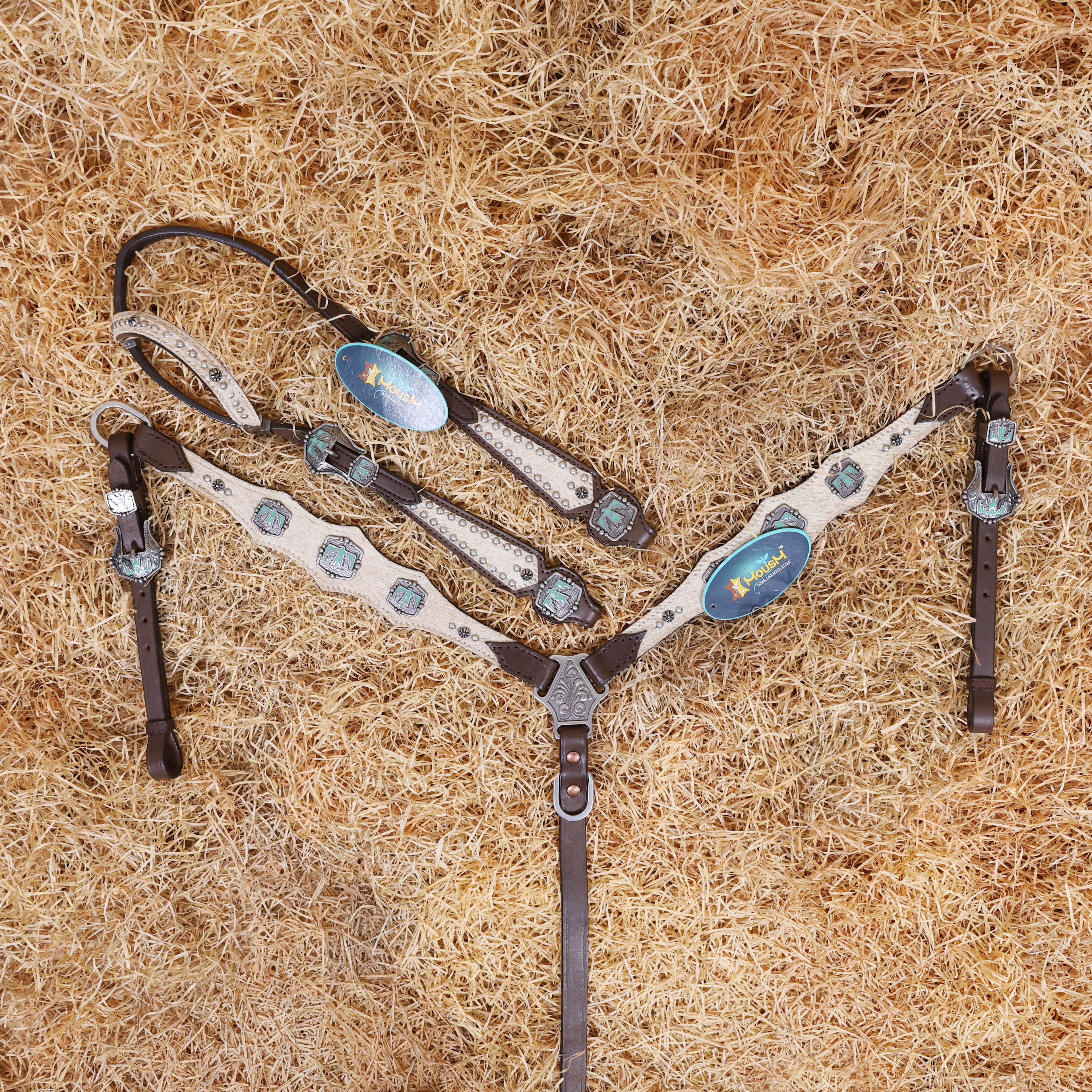 MOUSM Western Horse Bridle & Breast Collar Set – Argentina Cow Leather Headstall Tack Set Decorated with Turquoise Aztec Bird Hardware and Beige Cowhide