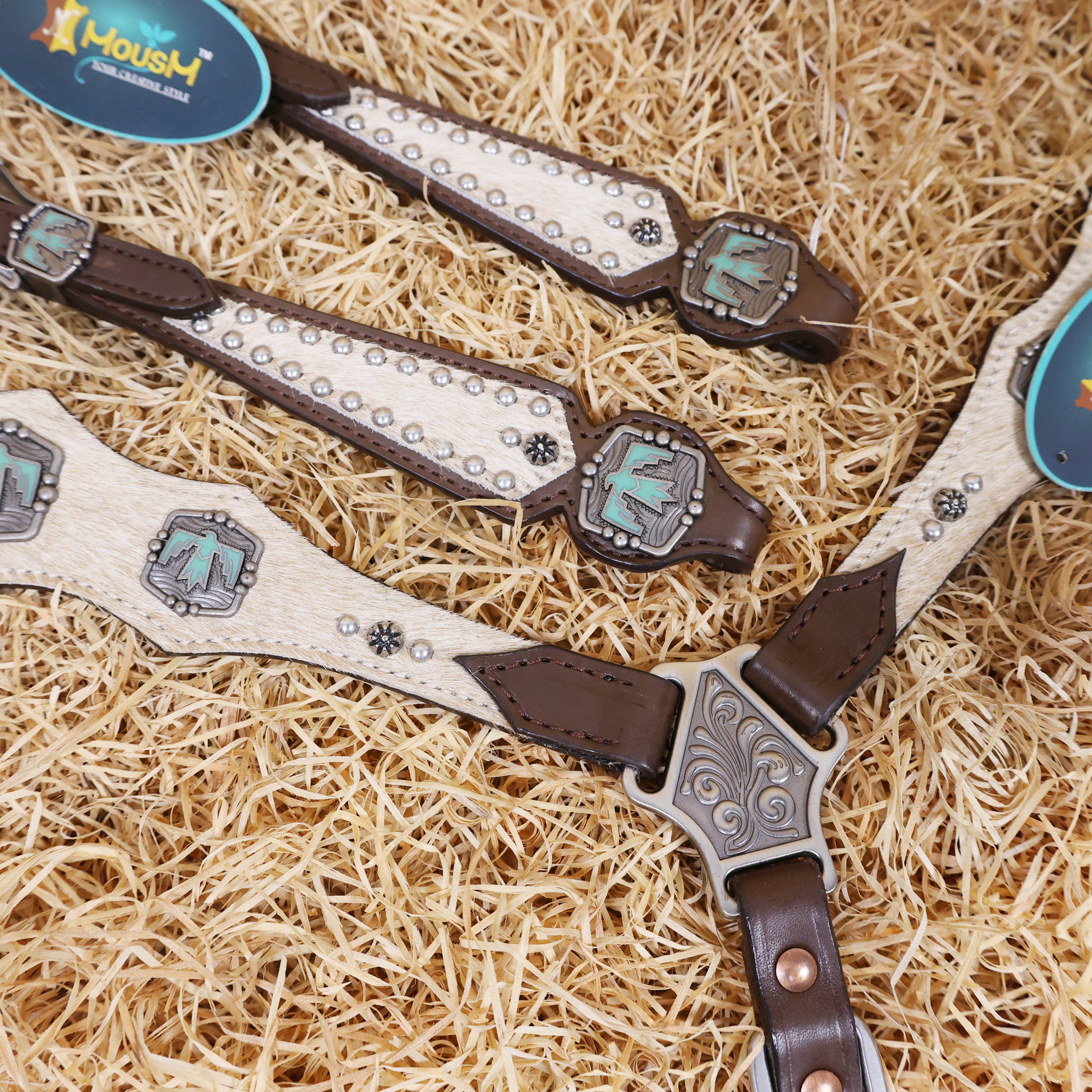 MOUSM Western Horse Bridle & Breast Collar Set – Argentina Cow Leather Headstall Tack Set Decorated with Turquoise Aztec Bird Hardware and Beige Cowhide