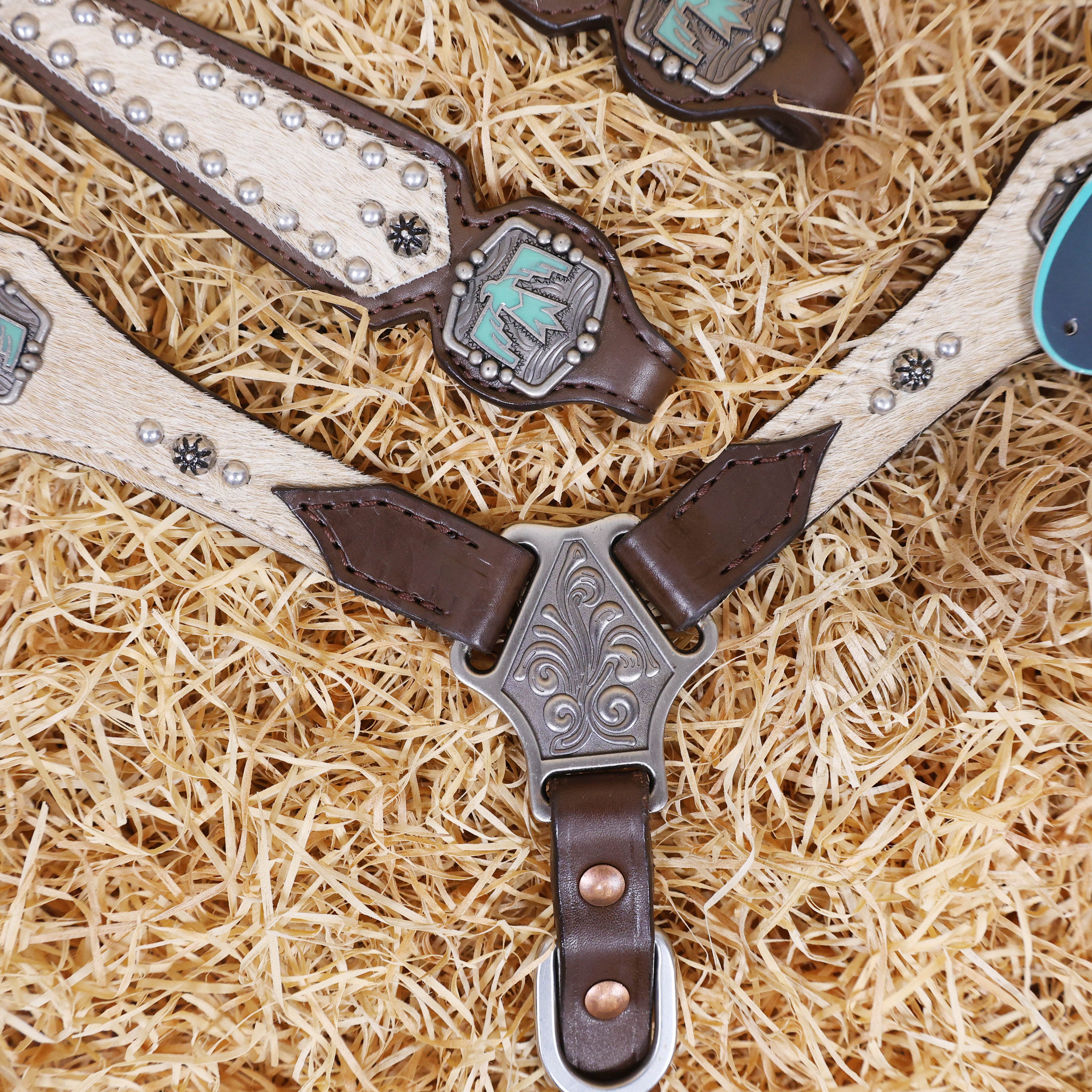 MOUSM Western Horse Bridle & Breast Collar Set – Argentina Cow Leather Headstall Tack Set Decorated with Turquoise Aztec Bird Hardware and Beige Cowhide