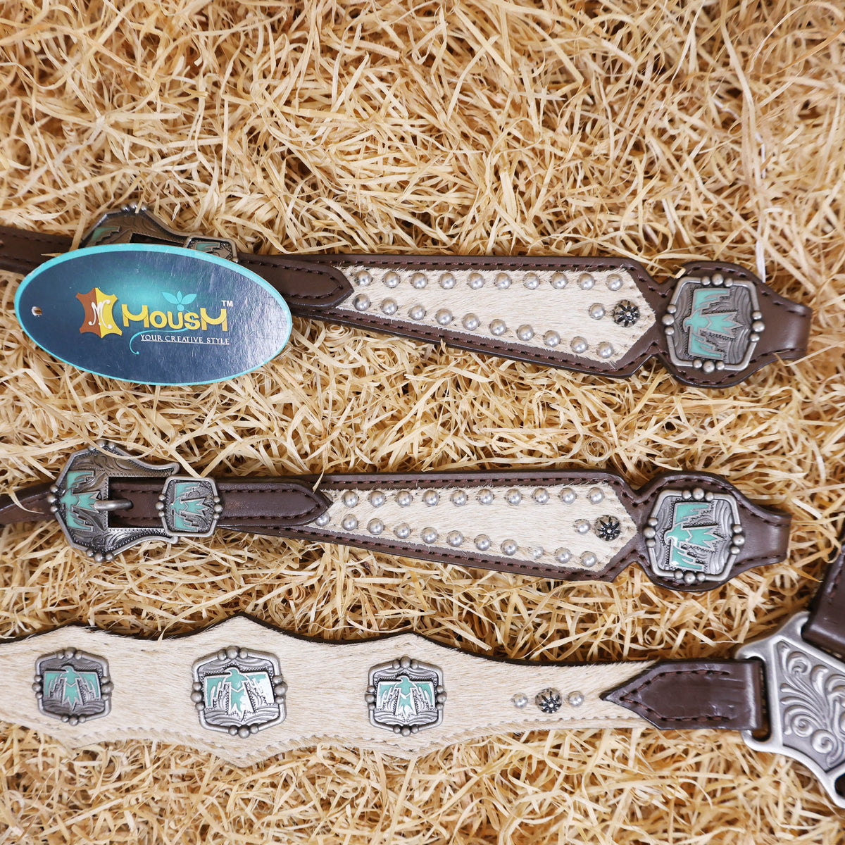 Beige Leather with Turquoise Aztec Bird Conchos Headstall Tack Set