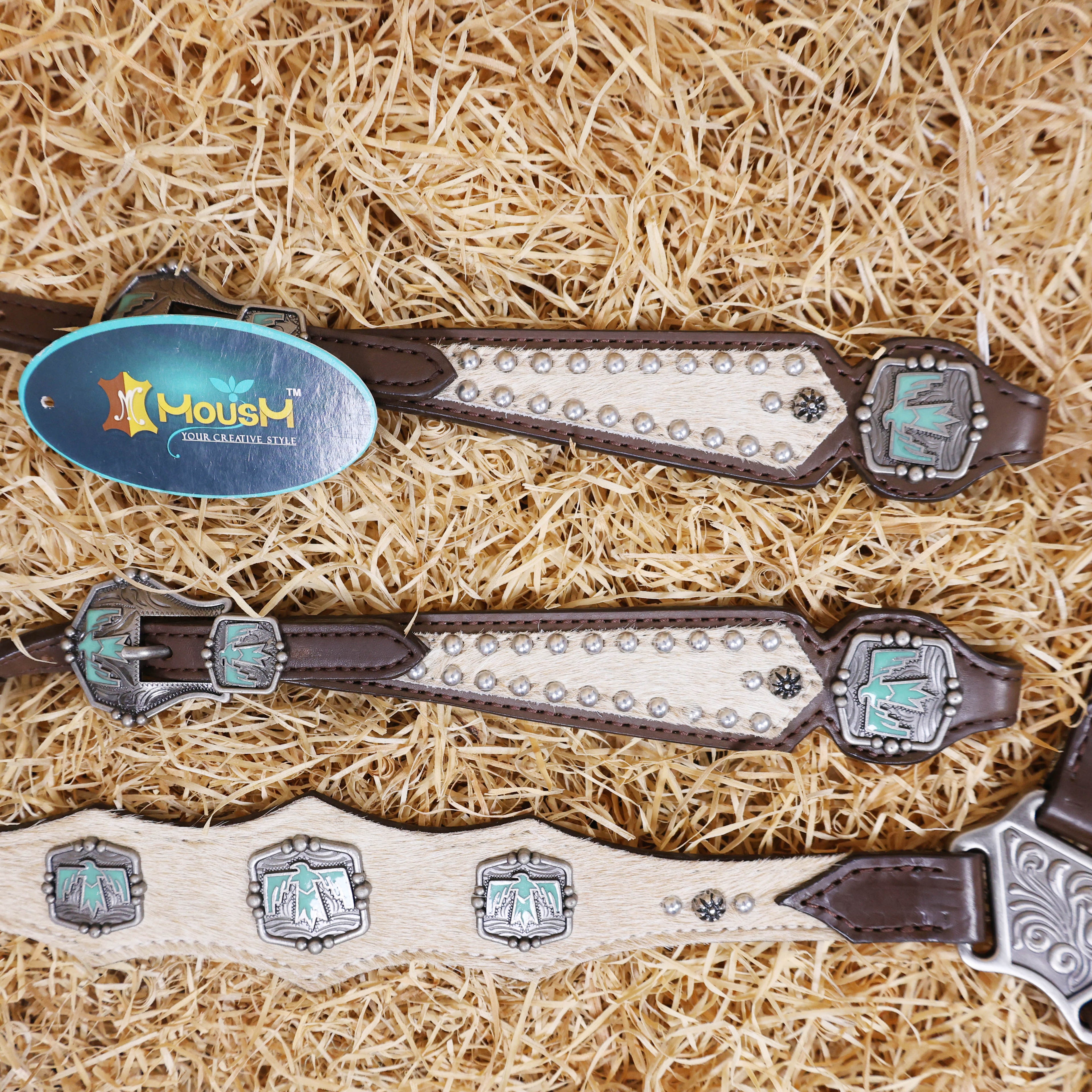 MOUSM Western Horse Bridle & Breast Collar Set – Argentina Cow Leather Headstall Tack Set Decorated with Turquoise Aztec Bird Hardware and Beige Cowhide