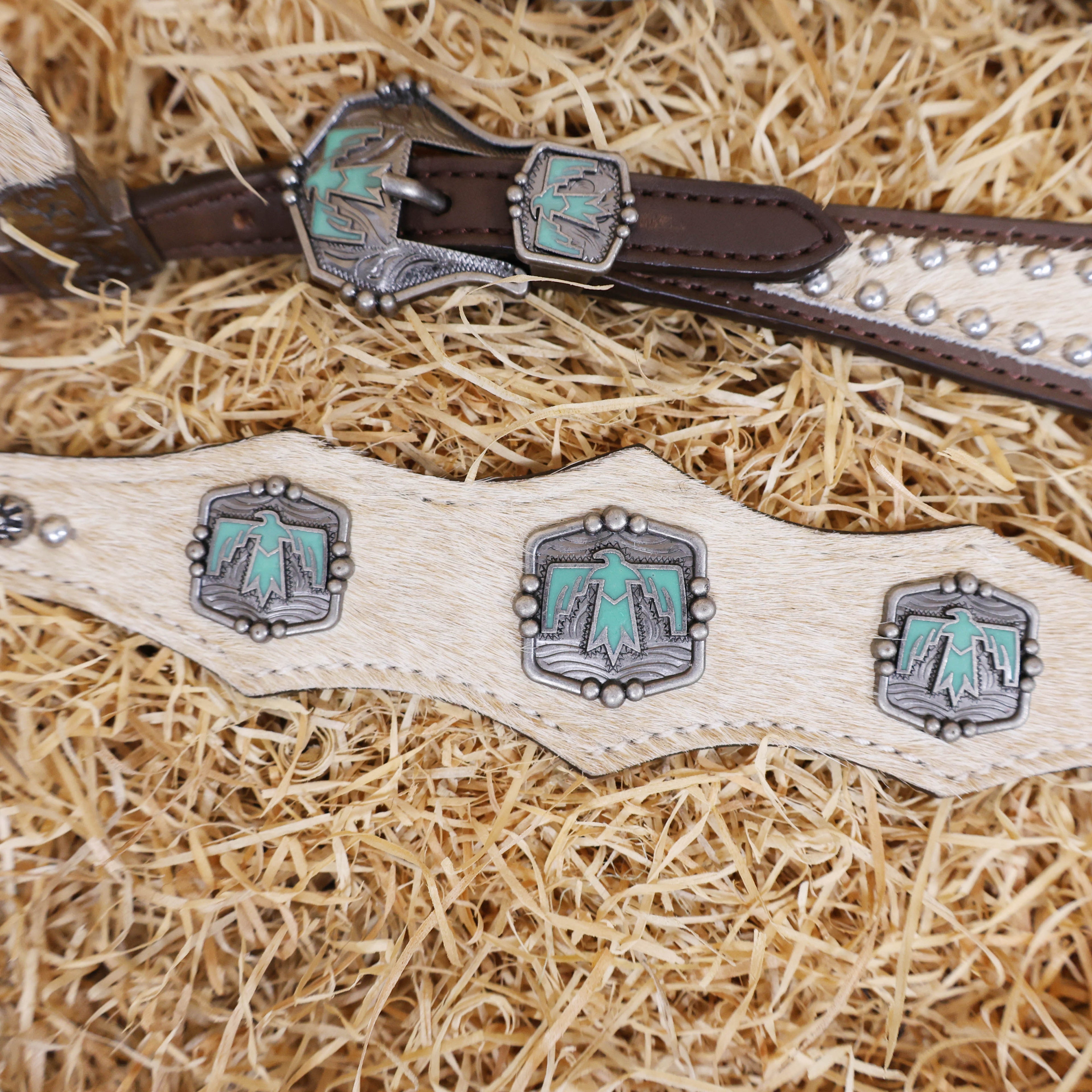 MOUSM Western Horse Bridle & Breast Collar Set – Argentina Cow Leather Headstall Tack Set Decorated with Turquoise Aztec Bird Hardware and Beige Cowhide