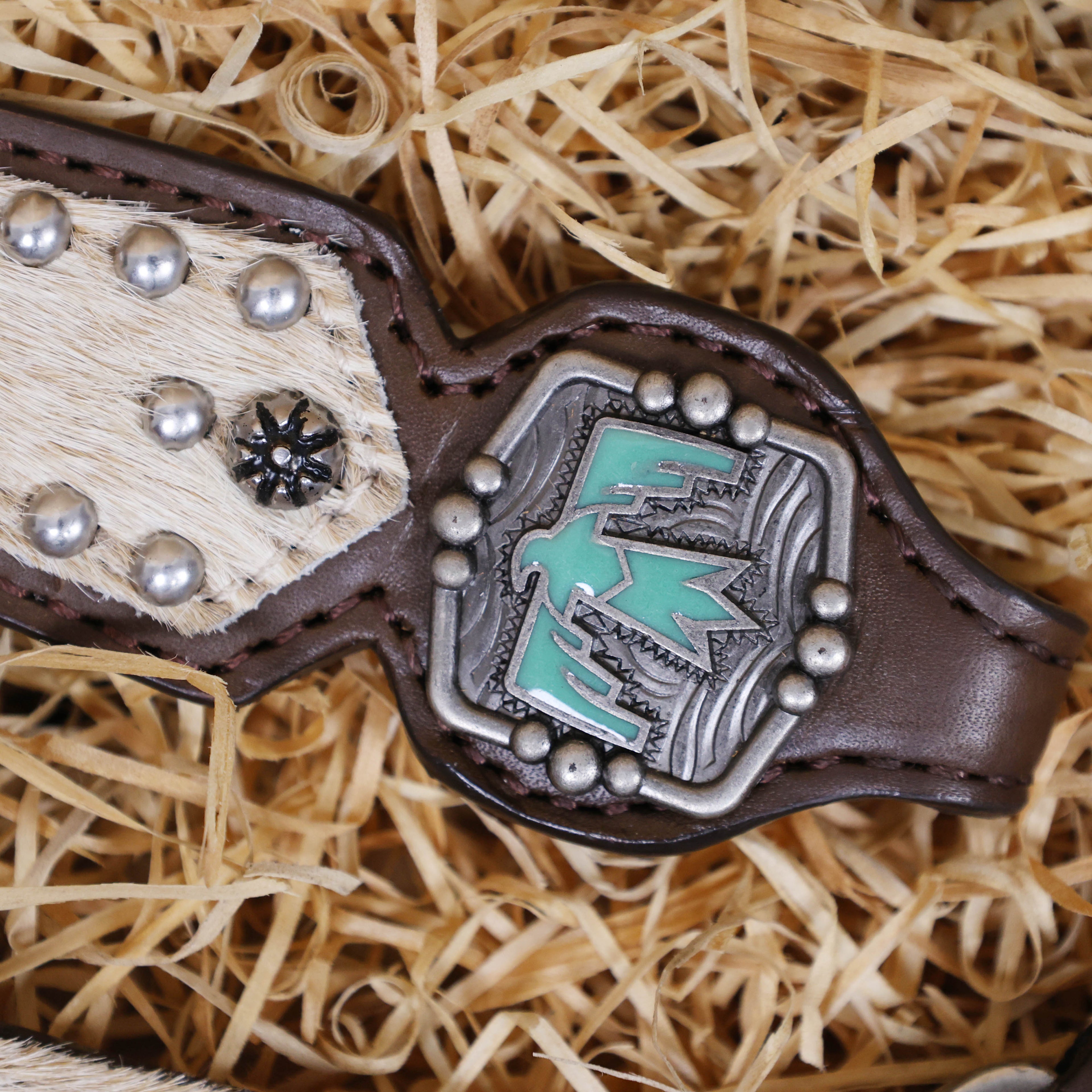 MOUSM Western Horse Bridle & Breast Collar Set – Argentina Cow Leather Headstall Tack Set Decorated with Turquoise Aztec Bird Hardware and Beige Cowhide