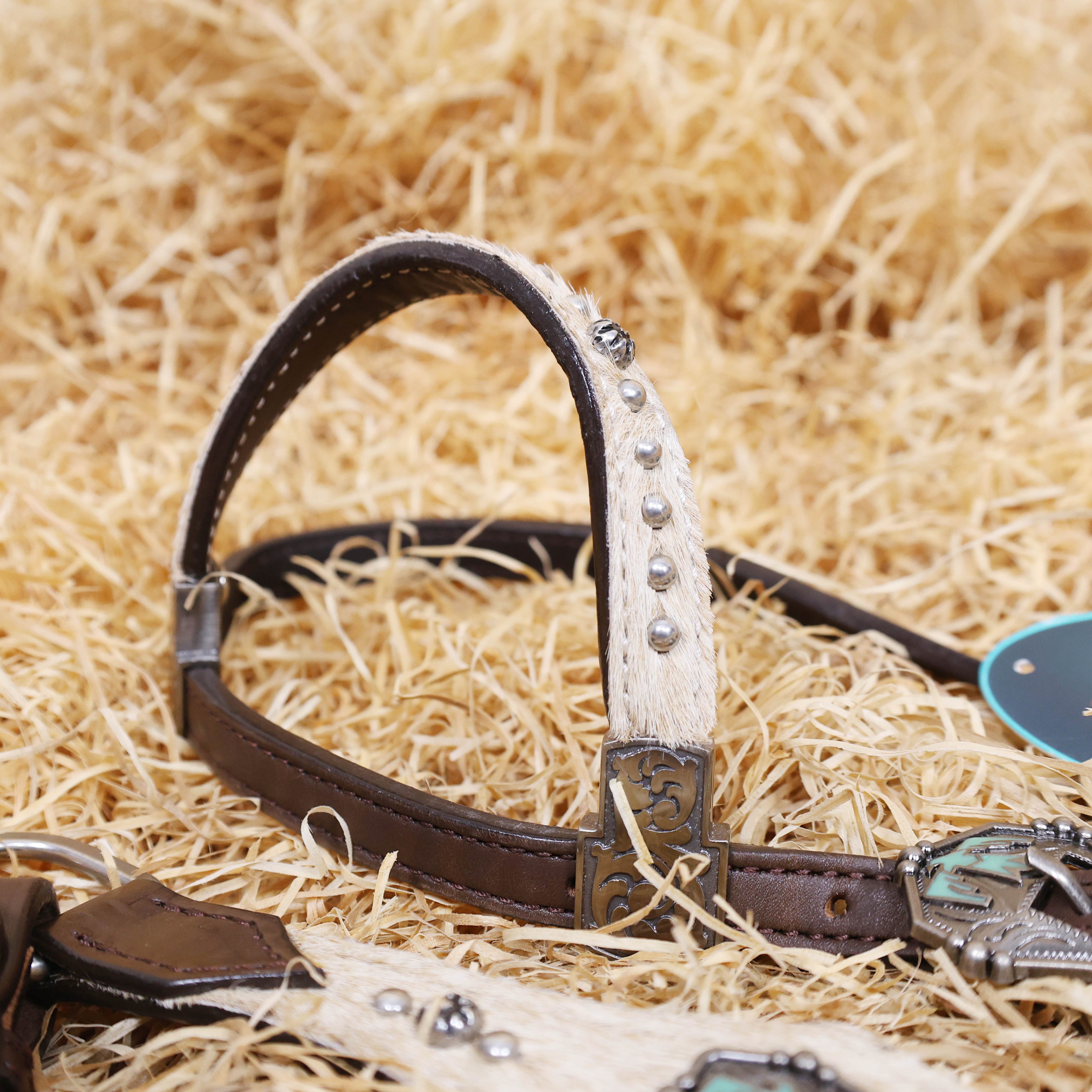 MOUSM Western Horse Bridle & Breast Collar Set – Argentina Cow Leather Headstall Tack Set Decorated with Turquoise Aztec Bird Hardware and Beige Cowhide