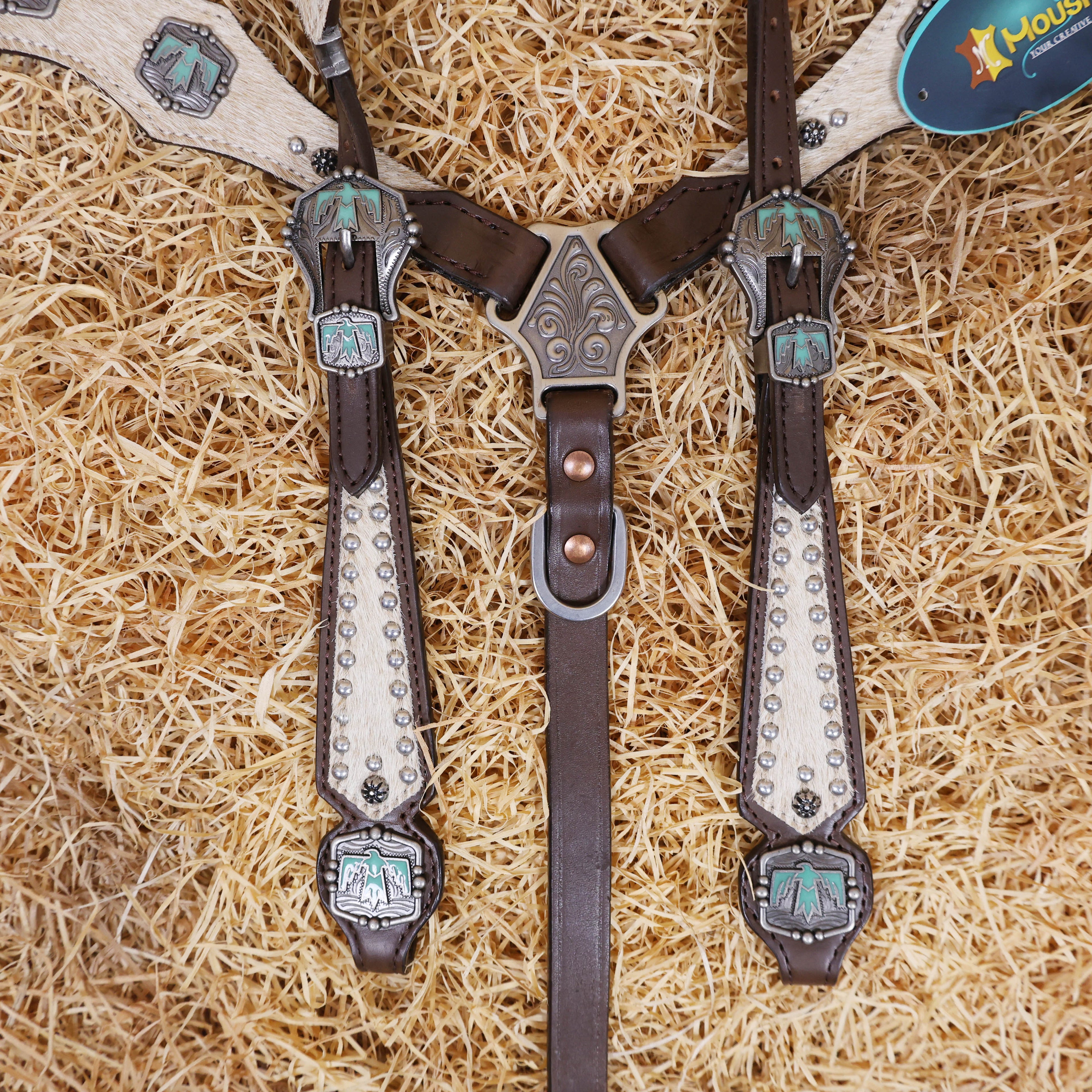 MOUSM Western Horse Bridle & Breast Collar Set – Argentina Cow Leather Headstall Tack Set Decorated with Turquoise Aztec Bird Hardware and Beige Cowhide