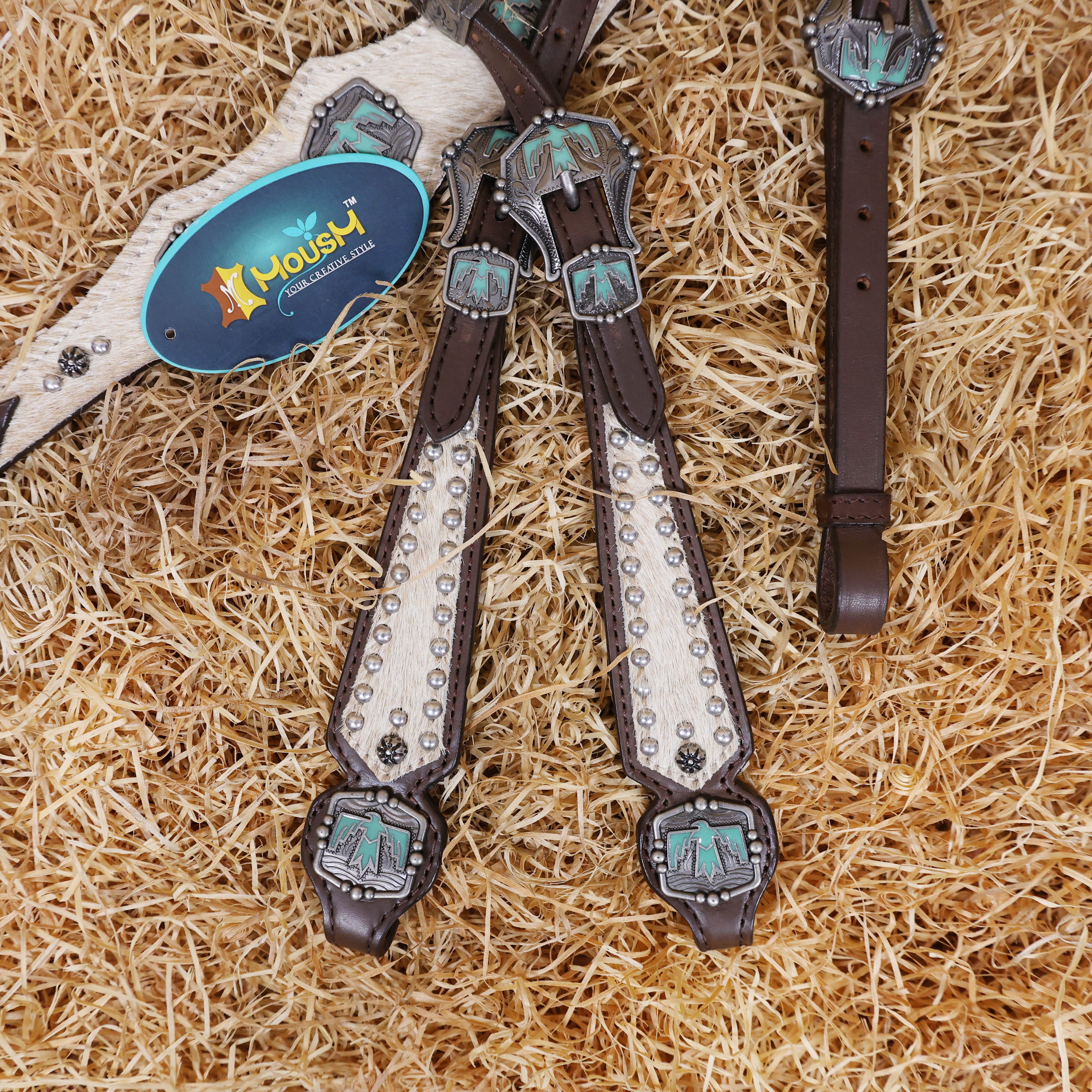 MOUSM Western Horse Bridle & Breast Collar Set – Argentina Cow Leather Headstall Tack Set Decorated with Turquoise Aztec Bird Hardware and Beige Cowhide