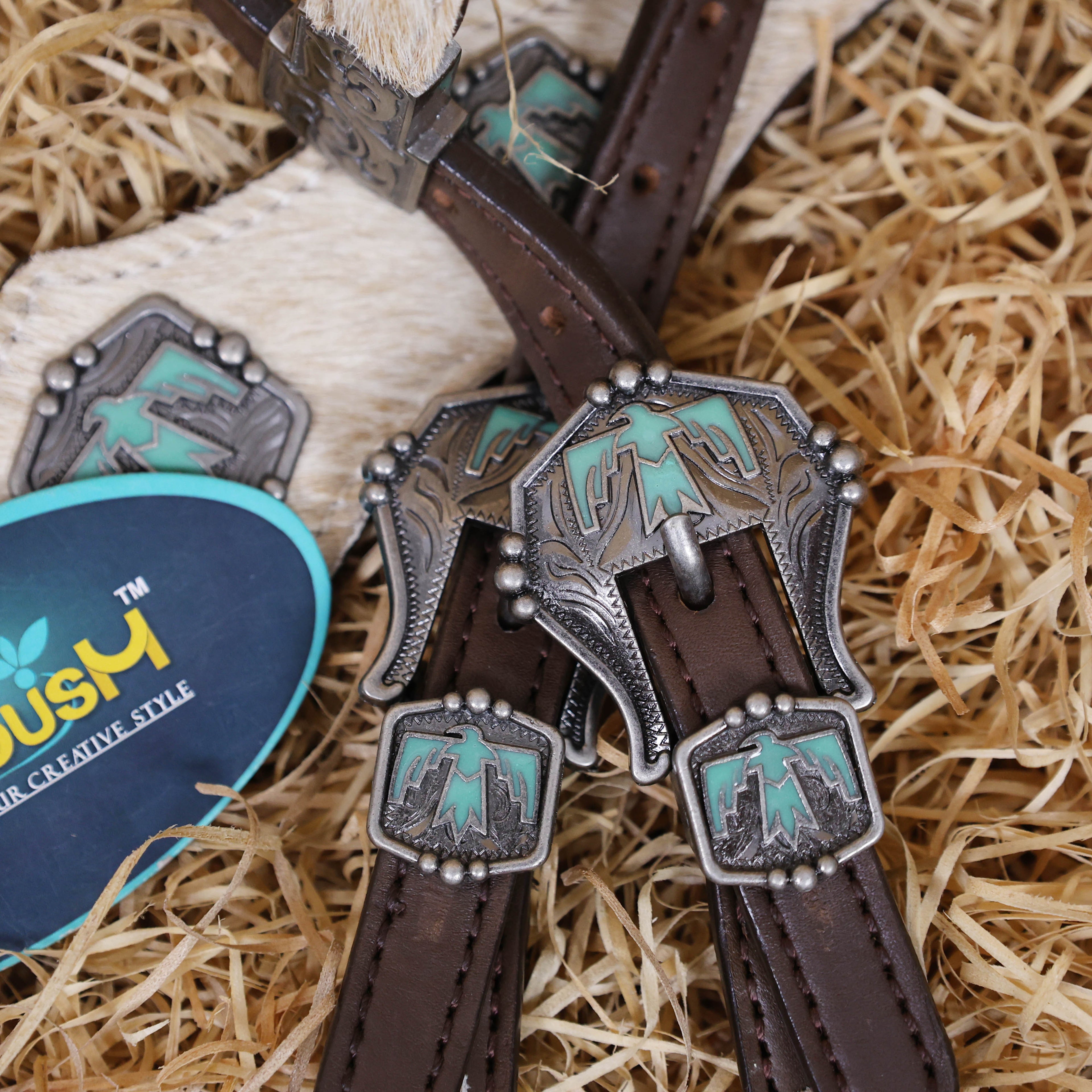 MOUSM Western Horse Bridle & Breast Collar Set – Argentina Cow Leather Headstall Tack Set Decorated with Turquoise Aztec Bird Hardware and Beige Cowhide
