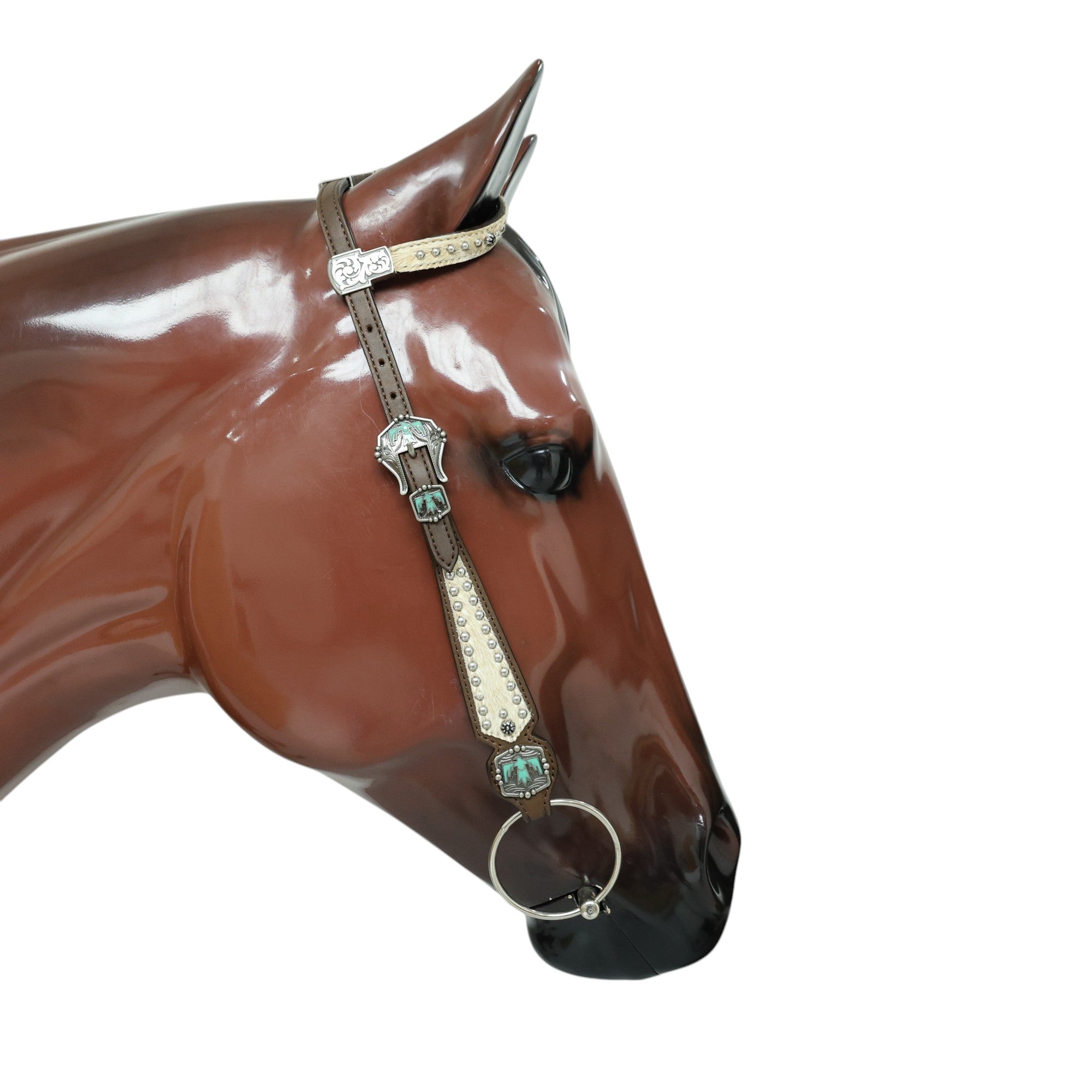 MOUSM Western Horse Bridle & Breast Collar Set – Argentina Cow Leather Headstall Tack Set Decorated with Turquoise Aztec Bird Hardware and Beige Cowhide