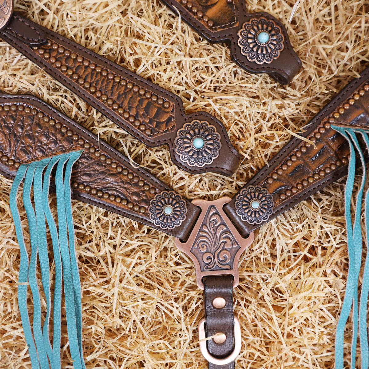 3D Croc Print with Turquoise Fringe Western Headstall Tack Set