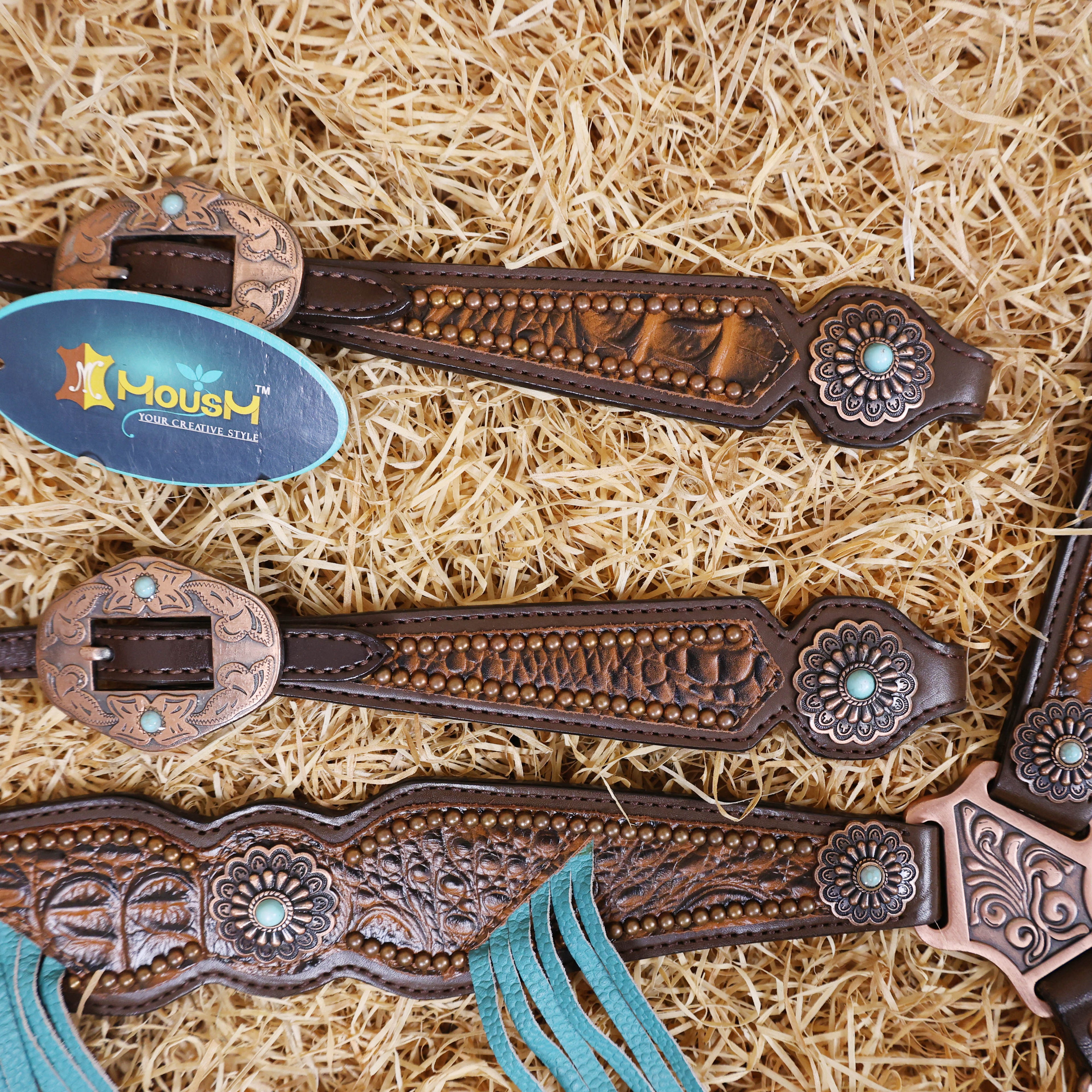 MOUSM Argentina Cow Leather Western Horse Bridle & Breast Collar Set – Horse Tack Set 3D Croc Print with Turquoise Fringe, Copper Studs & Antique Copper Hardware