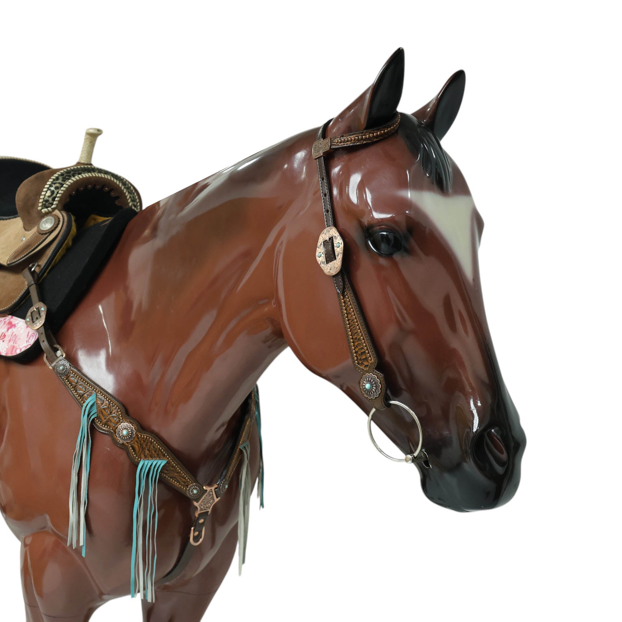 MOUSM Argentina Cow Leather Western Horse Bridle & Breast Collar Set – Horse Tack Set 3D Croc Print with Turquoise Fringe, Copper Studs & Antique Copper Hardware