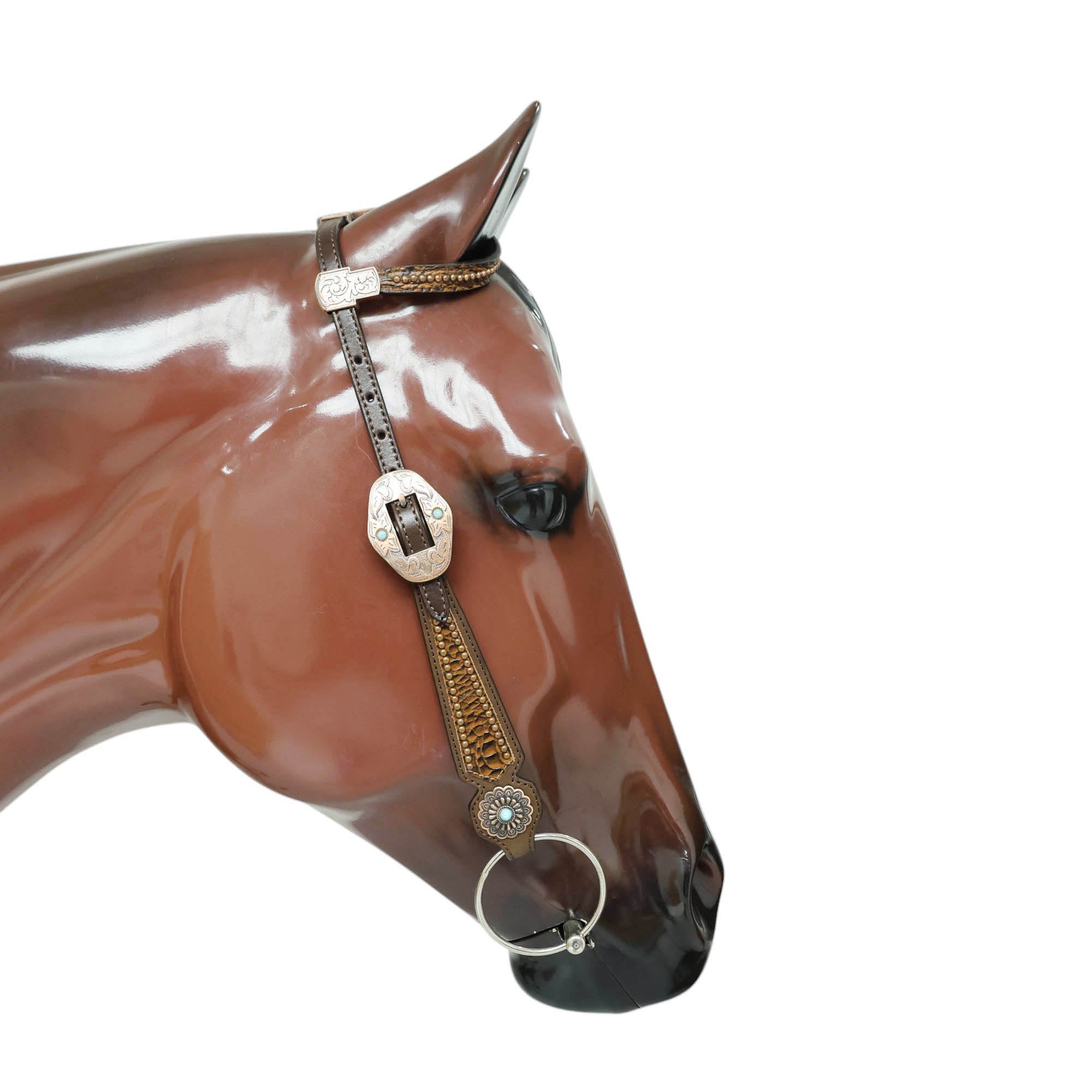 MOUSM Argentina Cow Leather Western Horse Bridle & Breast Collar Set – Horse Tack Set 3D Croc Print with Turquoise Fringe, Copper Studs & Antique Copper Hardware