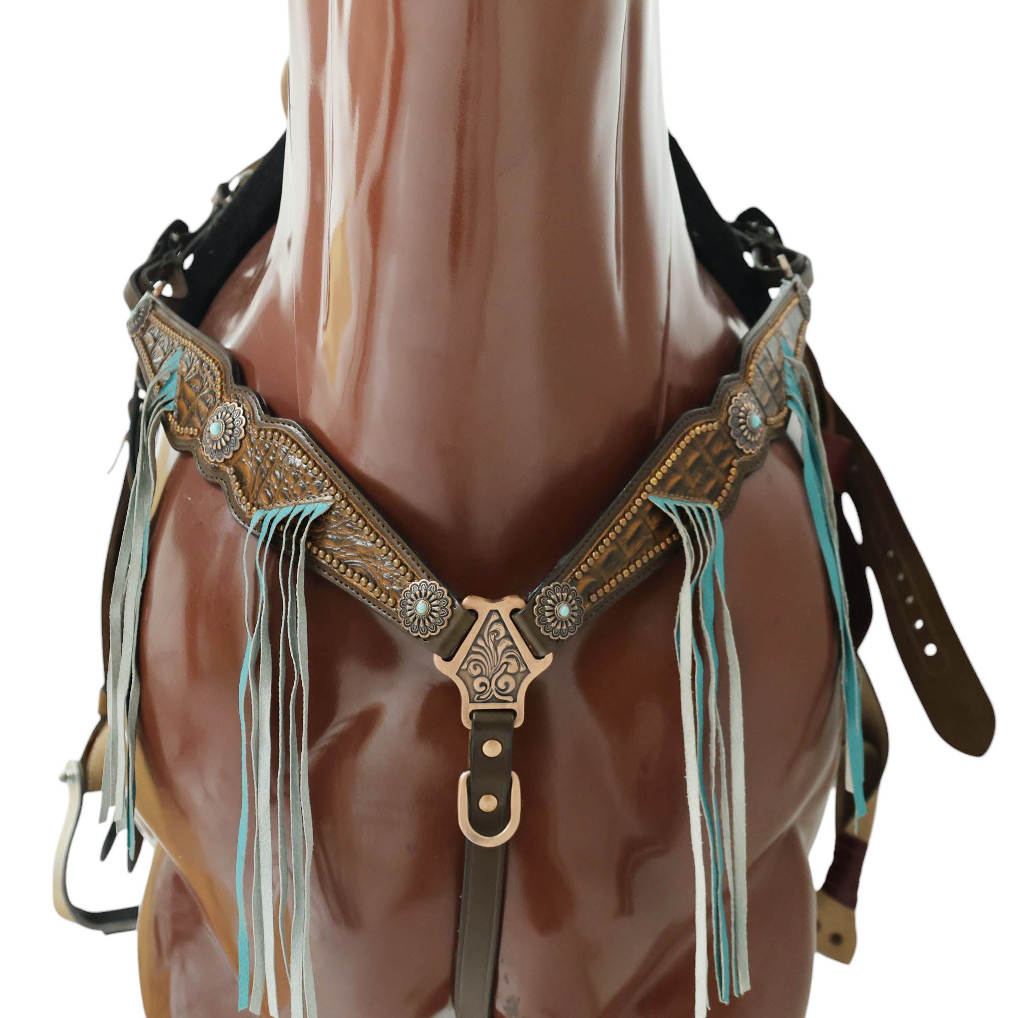 MOUSM Argentina Cow Leather Western Horse Bridle & Breast Collar Set – Horse Tack Set 3D Croc Print with Turquoise Fringe, Copper Studs & Antique Copper Hardware