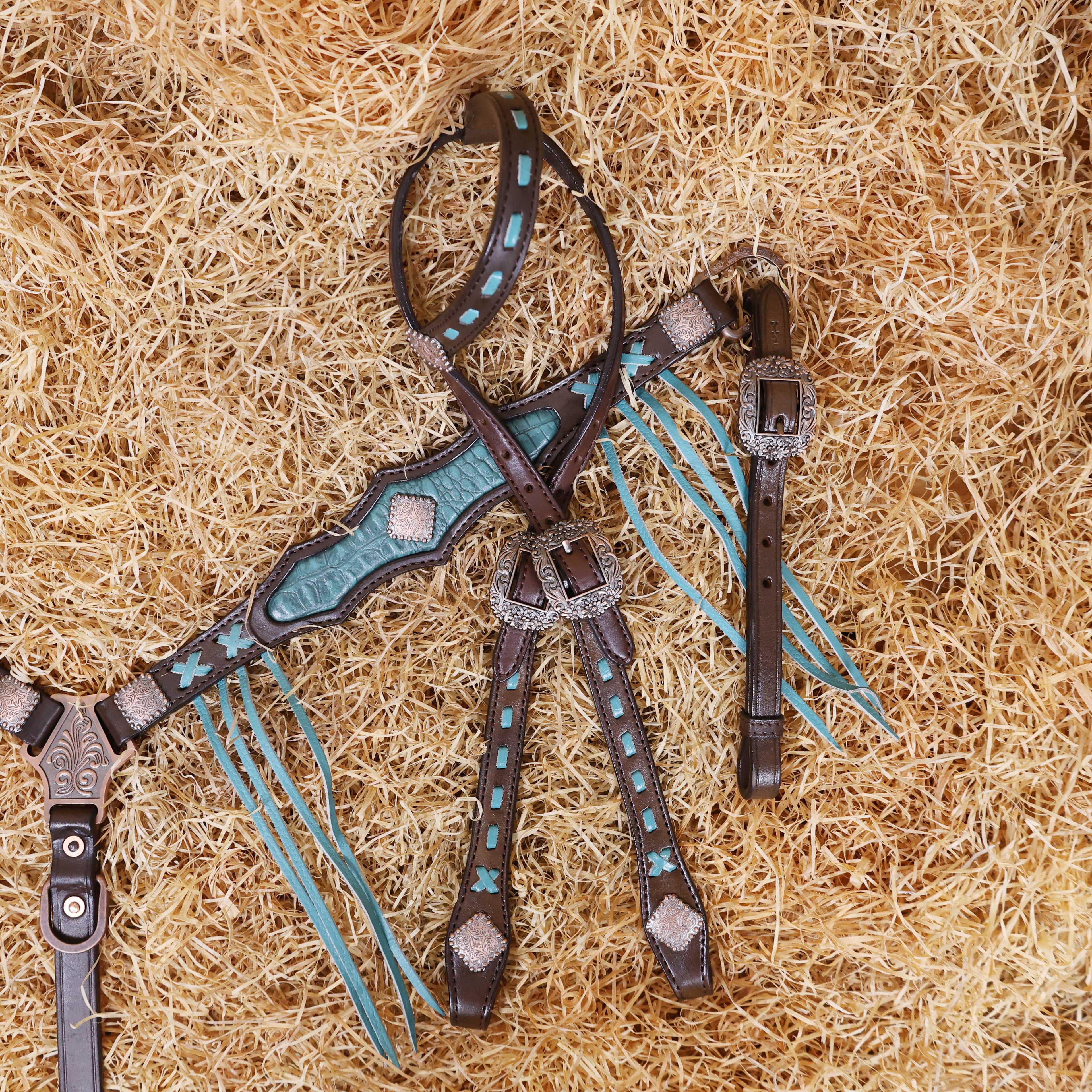 MOUSM Western Horse Bridle and Breast Collar Set - Argentina Cow Leather Headstall Set Decorated with Turquoise Croc Print Cowhide Leather Inlay & Fringe