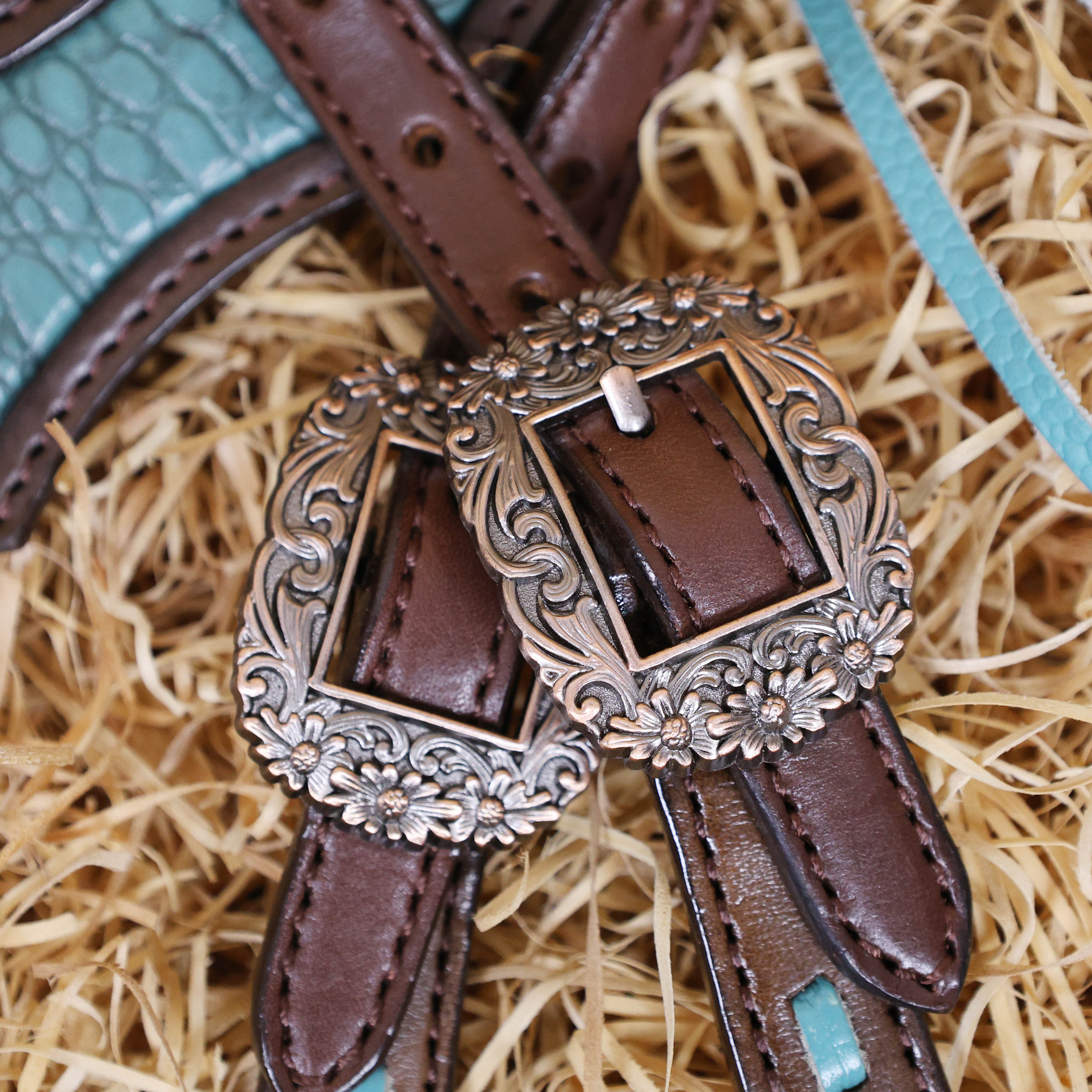 MOUSM Western Horse Bridle and Breast Collar Set - Argentina Cow Leather Headstall Set Decorated with Turquoise Croc Print Cowhide Leather Inlay & Fringe