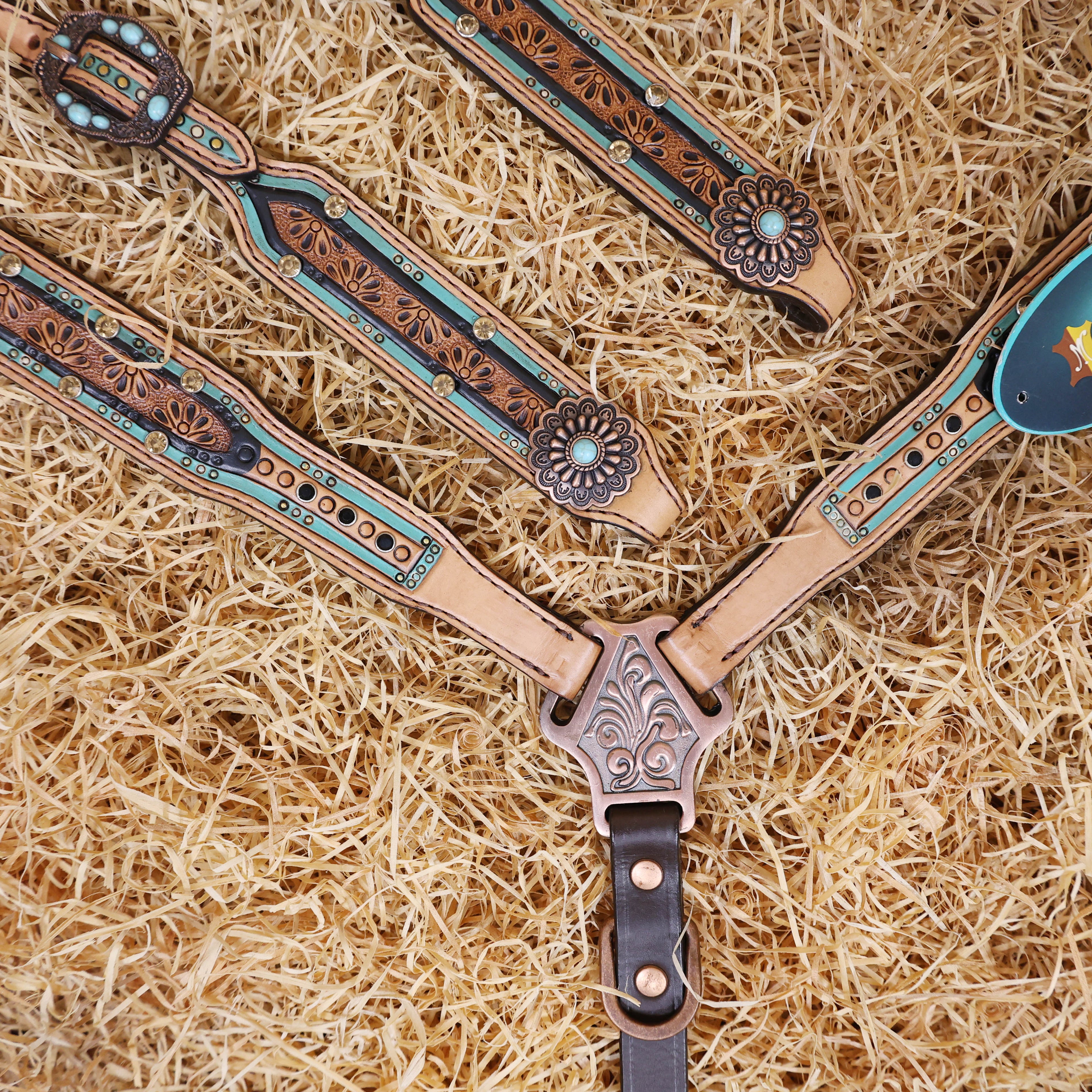MOUSM Argentina Cow Leather Western Headstall and Breast Collar Set – Breast Collar and Bridle Set Hand-Tooled Floral Design with Topaz & Black Rivets, Antique Copper Hardware