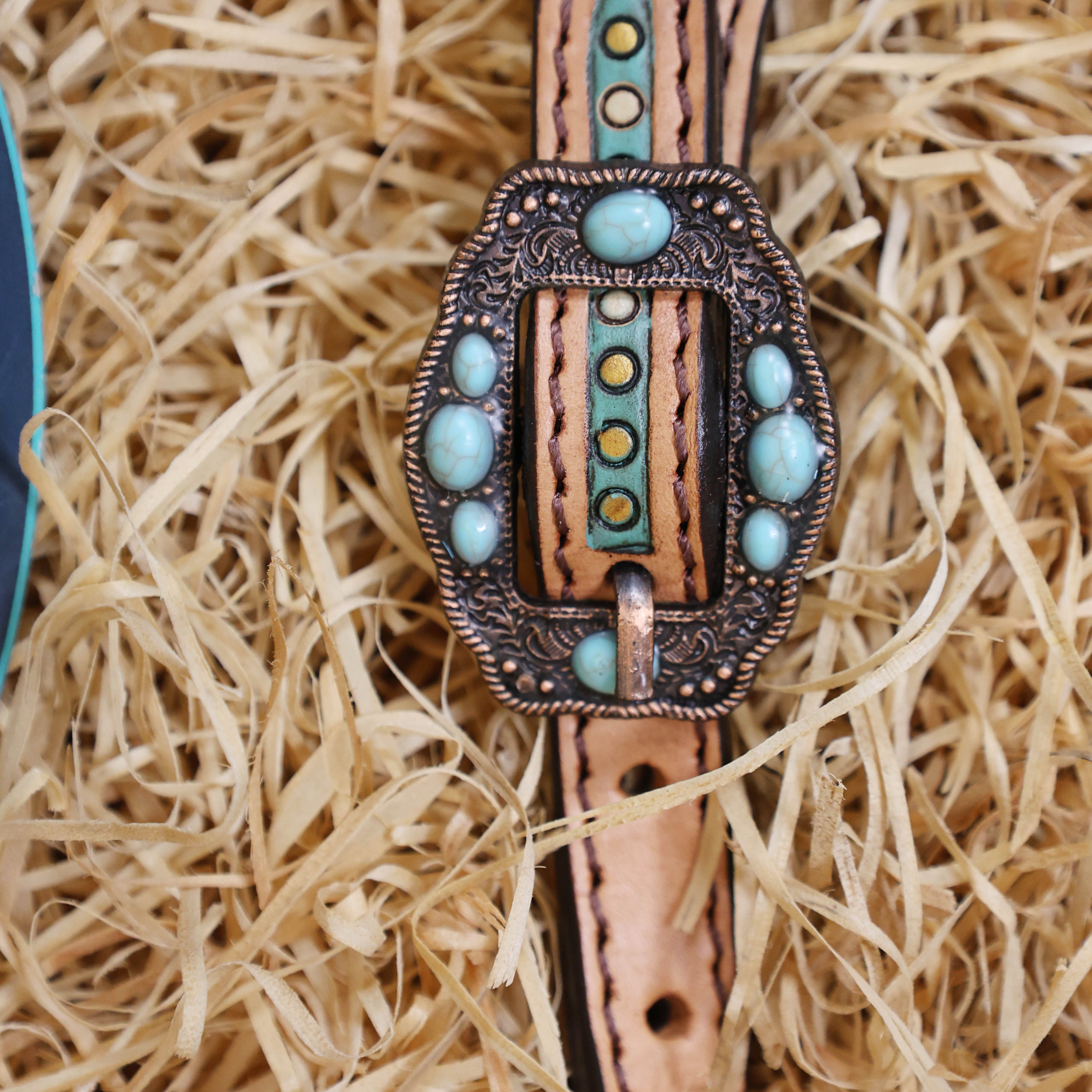 MOUSM Argentina Cow Leather Western Headstall and Breast Collar Set – Breast Collar and Bridle Set Hand-Tooled Floral Design with Topaz & Black Rivets, Antique Copper Hardware