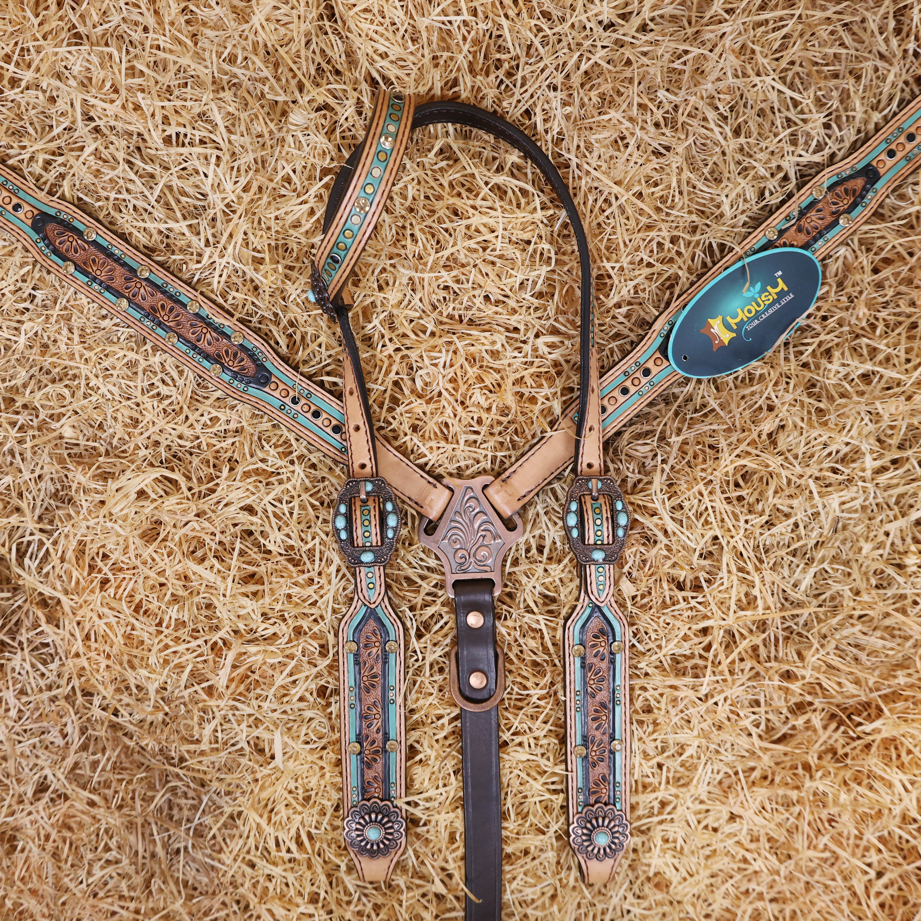 MOUSM Argentina Cow Leather Western Headstall and Breast Collar Set – Breast Collar and Bridle Set Hand-Tooled Floral Design with Topaz & Black Rivets, Antique Copper Hardware