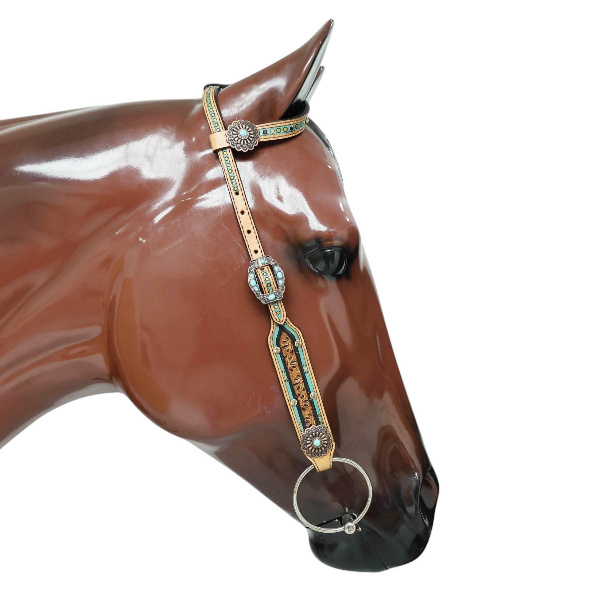 MOUSM Argentina Cow Leather Western Headstall and Breast Collar Set – Breast Collar and Bridle Set Hand-Tooled Floral Design with Topaz & Black Rivets, Antique Copper Hardware