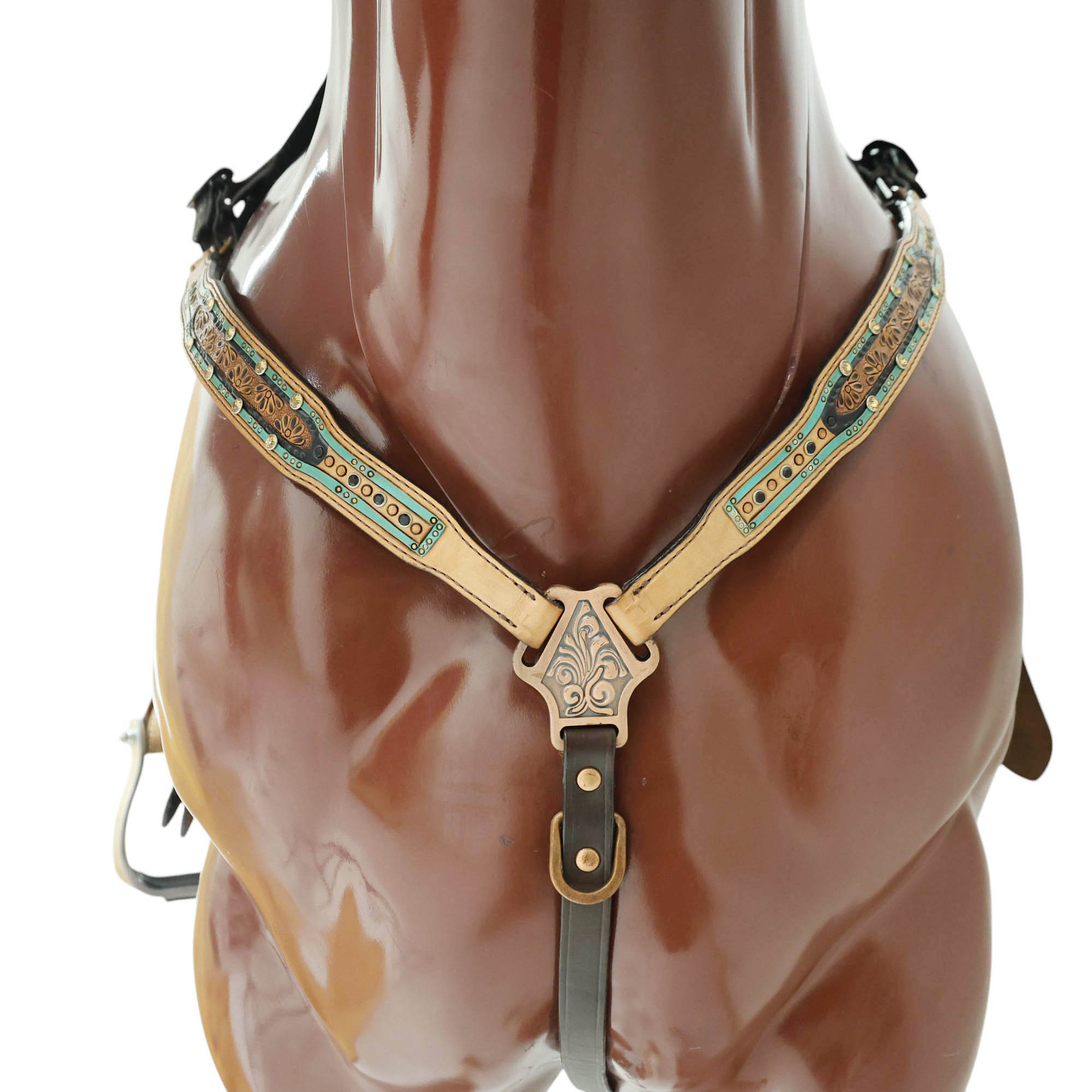 MOUSM Argentina Cow Leather Western Headstall and Breast Collar Set – Breast Collar and Bridle Set Hand-Tooled Floral Design with Topaz & Black Rivets, Antique Copper Hardware
