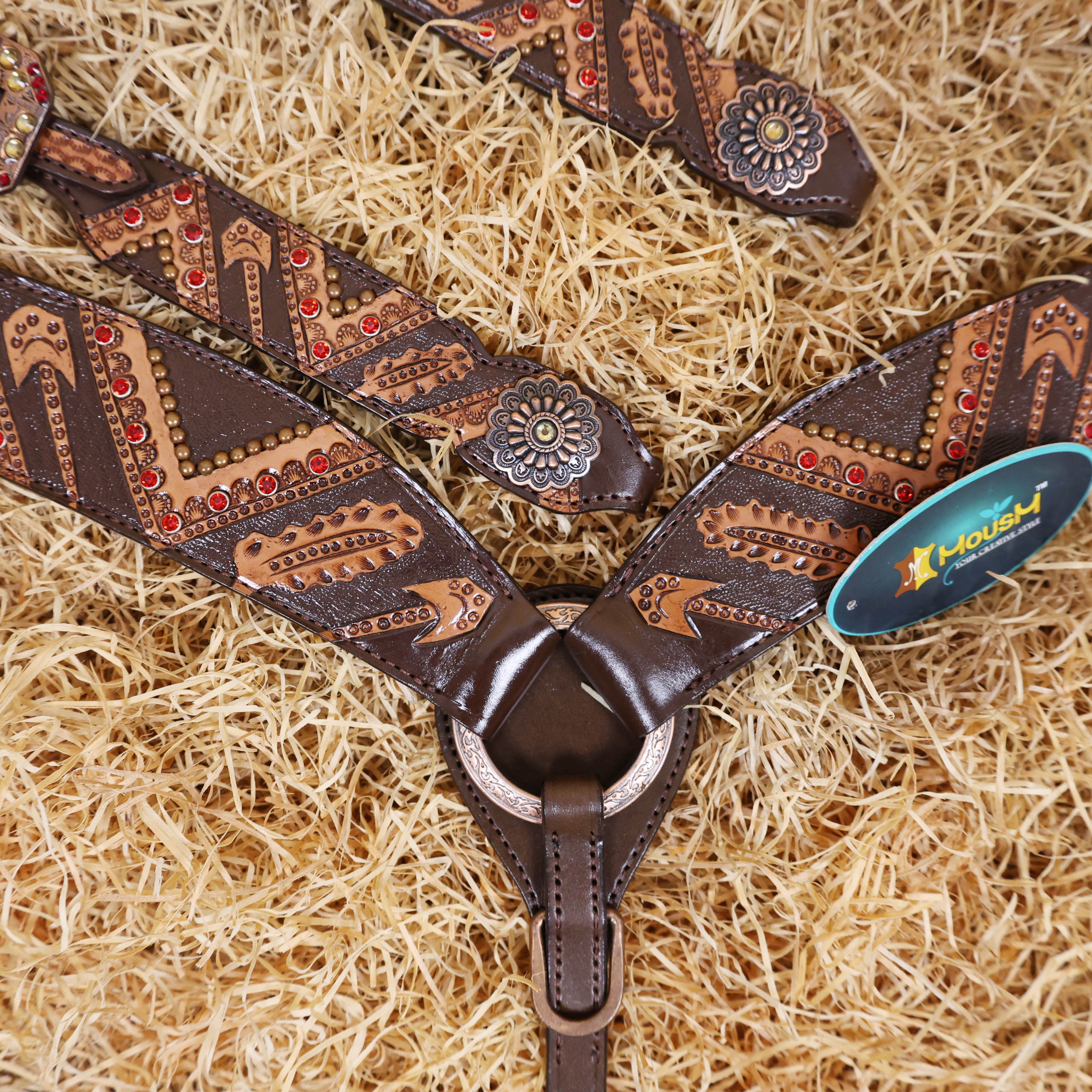 MOUSM Argentina Cow Leather Bridle and Breast Collar Set for Horse, Western Headstall Tack Set with Red Rivets and Copper Studs