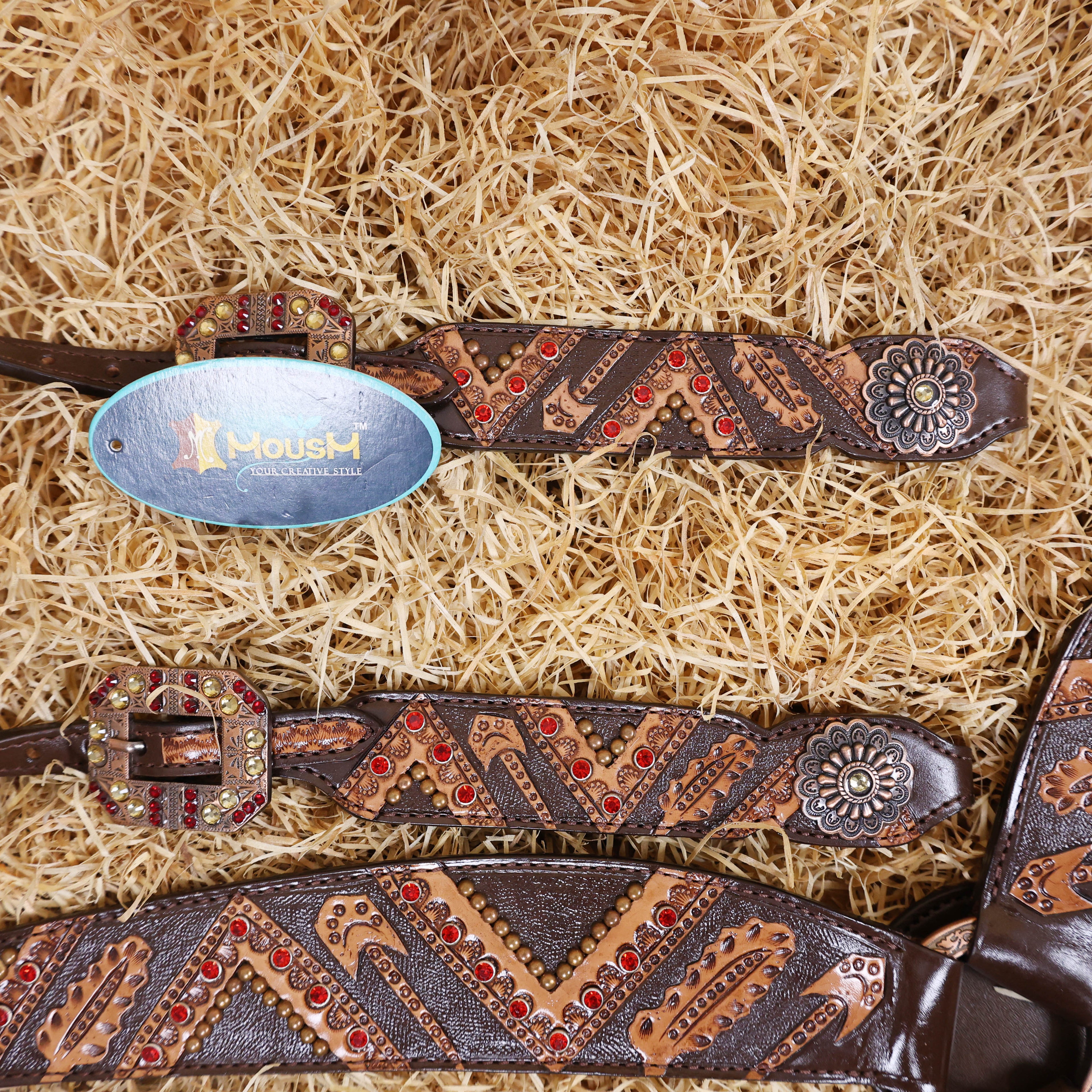 MOUSM Argentina Cow Leather Bridle and Breast Collar Set for Horse, Western Headstall Tack Set with Red Rivets and Copper Studs