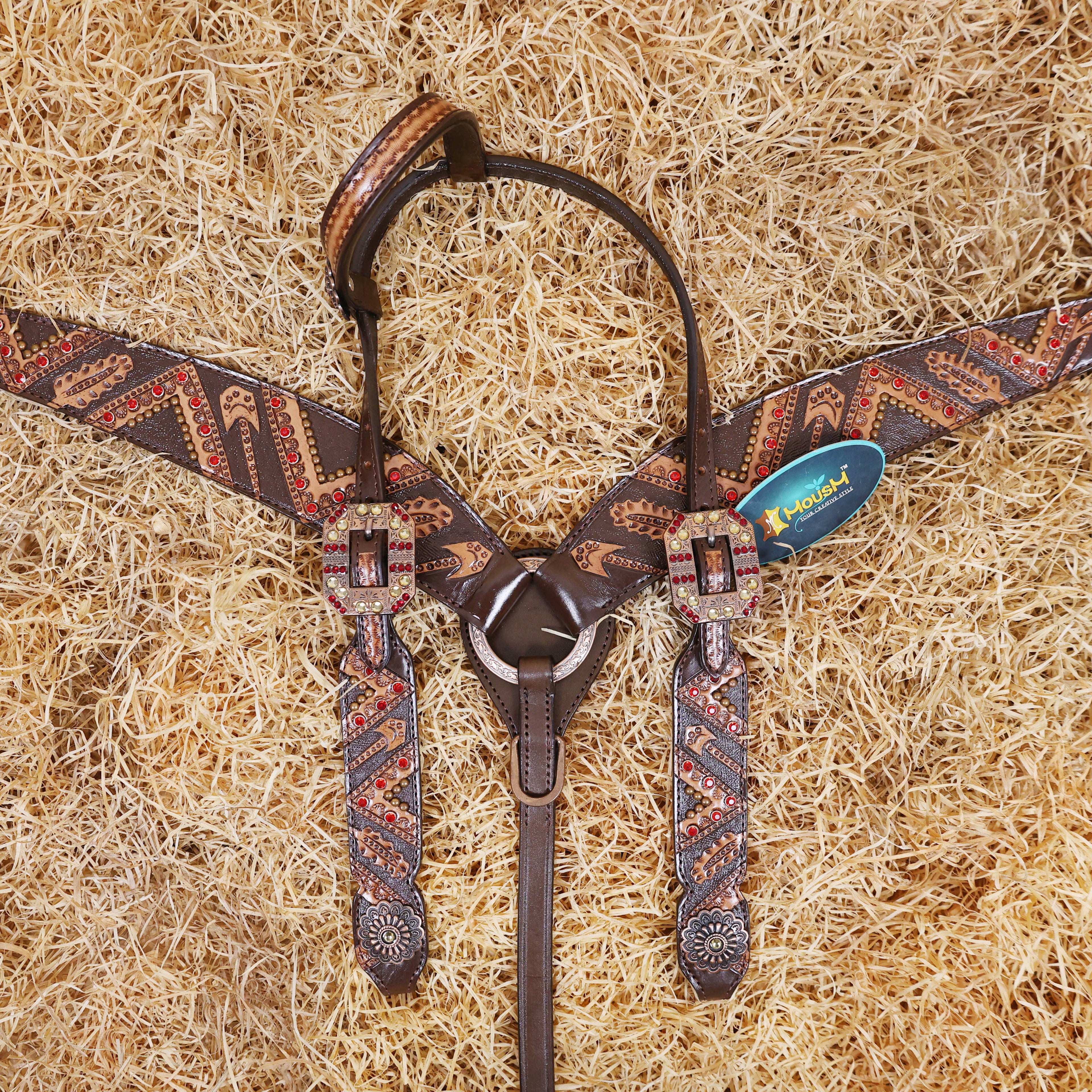 MOUSM Argentina Cow Leather Bridle and Breast Collar Set for Horse, Western Headstall Tack Set with Red Rivets and Copper Studs
