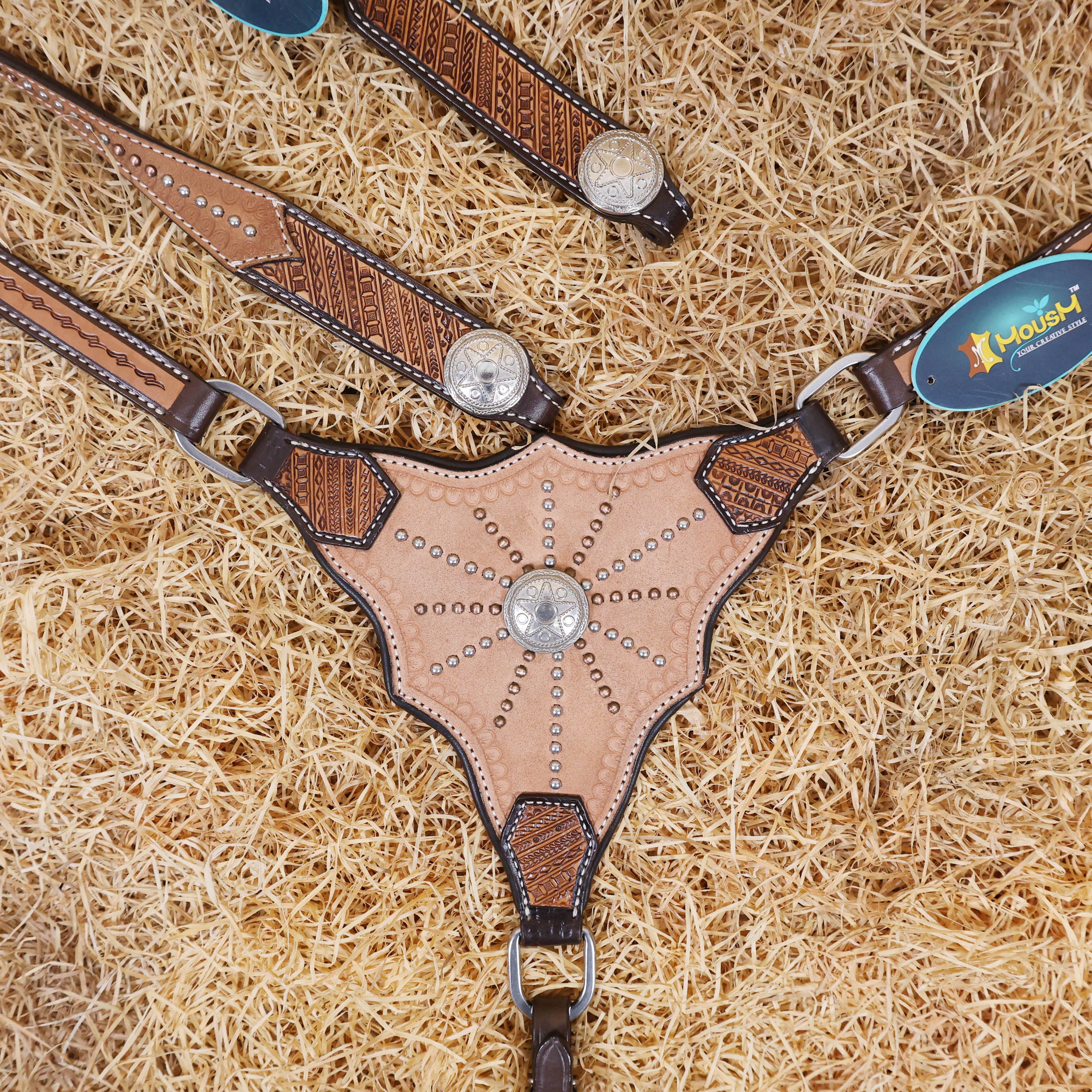 MOUSM Western Headstall and Breast Collar Set - Made with Argentina Cow Leather, Western Horse Tack with Hand Tooling, Nickel & Copper Studs
