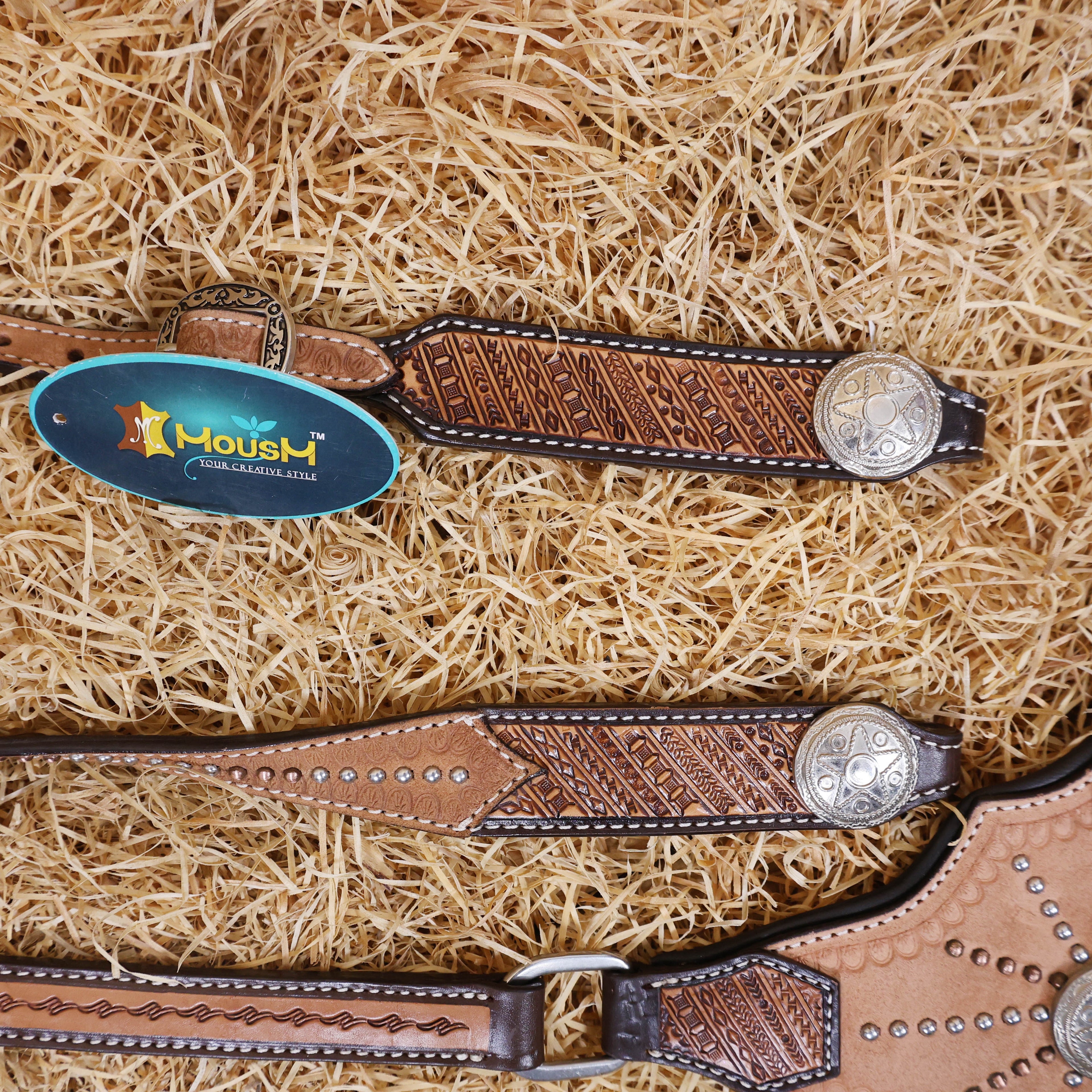 MOUSM Western Headstall and Breast Collar Set - Made with Argentina Cow Leather, Western Horse Tack with Hand Tooling, Nickel & Copper Studs