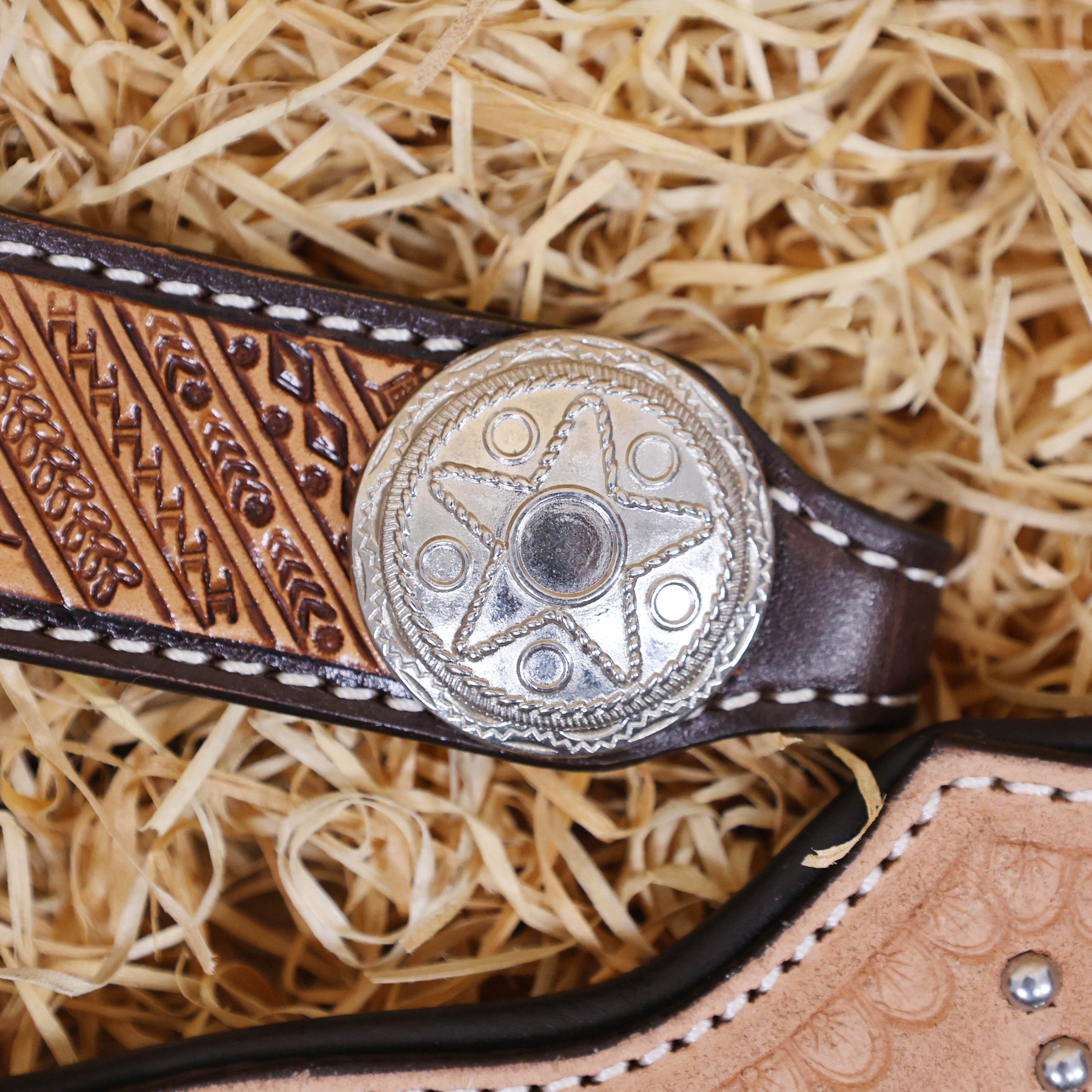 MOUSM Western Headstall and Breast Collar Set - Made with Argentina Cow Leather, Western Horse Tack with Hand Tooling, Nickel & Copper Studs