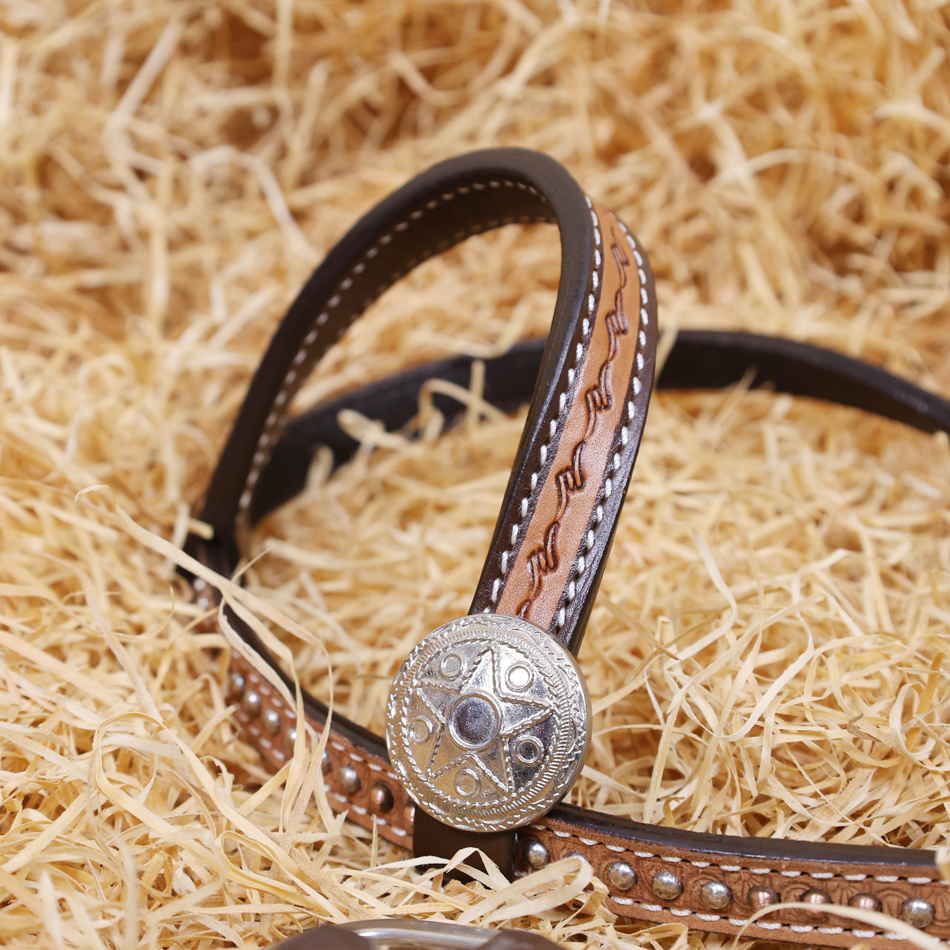 MOUSM Western Headstall and Breast Collar Set - Made with Argentina Cow Leather, Western Horse Tack with Hand Tooling, Nickel & Copper Studs