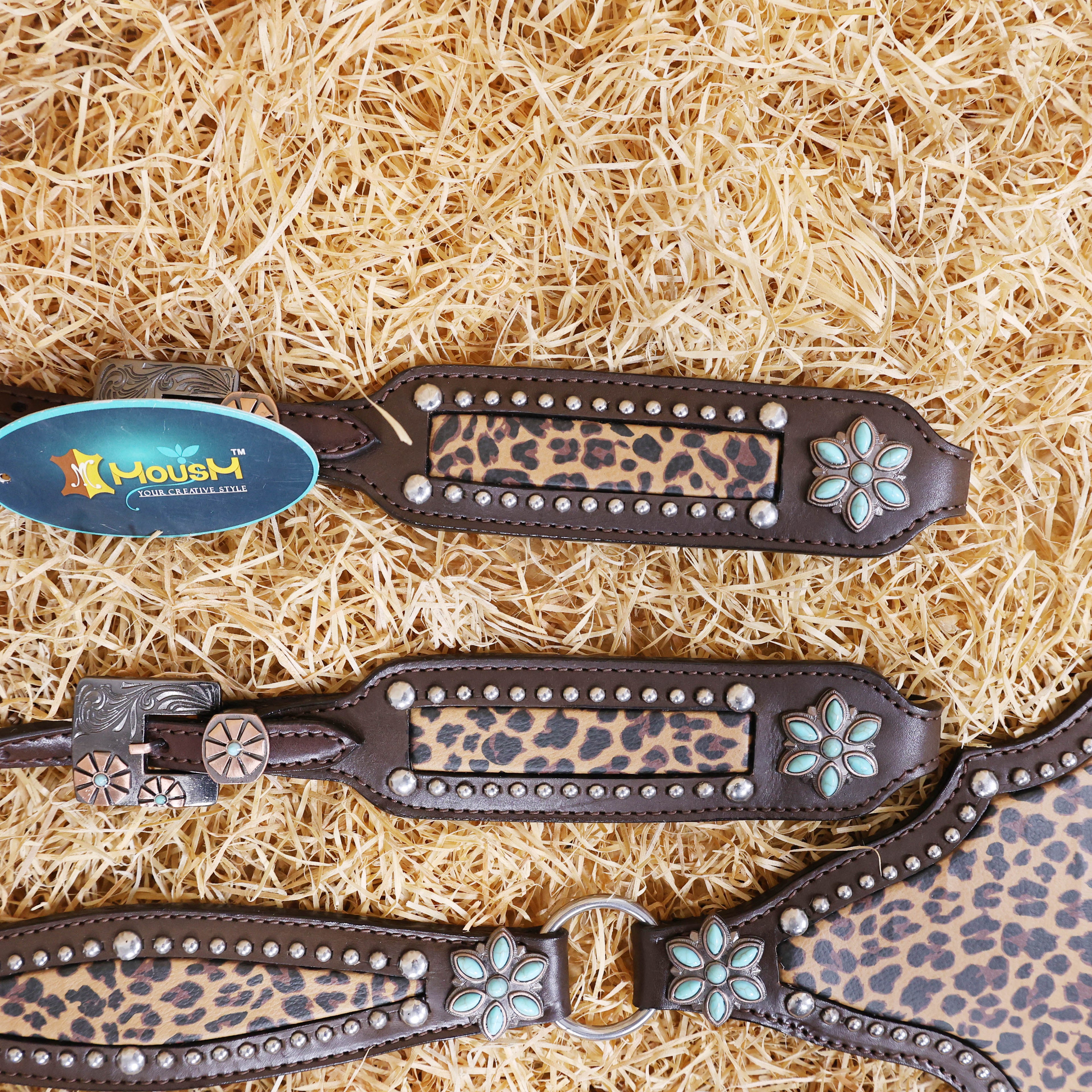 MOUSM Argentina Cow Leather Bridle & Breast Collar Set – Western Horse Tack with Leopard Print, Silver Studs & Antique Copper Hardware