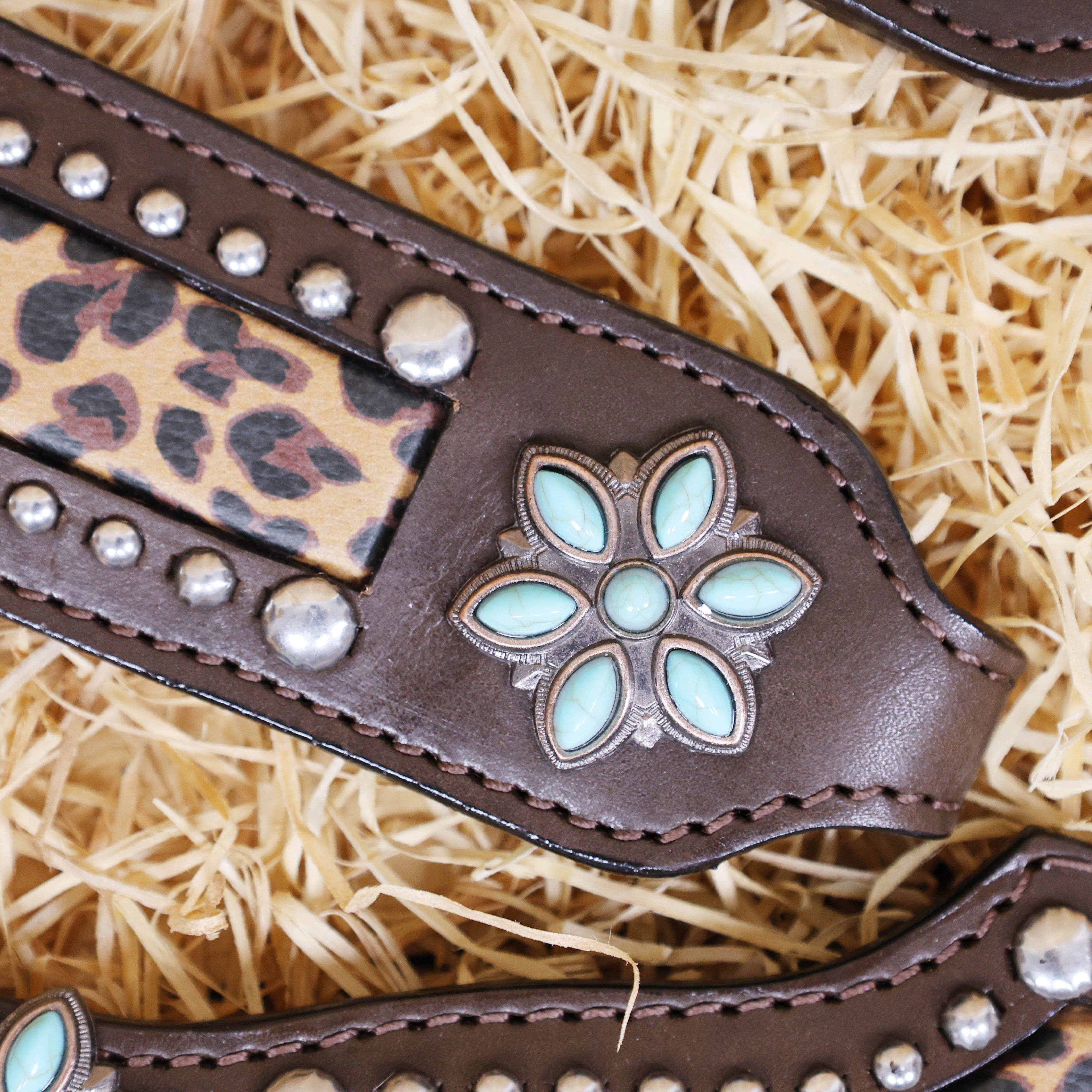 MOUSM Argentina Cow Leather Bridle & Breast Collar Set – Western Horse Tack with Leopard Print, Silver Studs & Antique Copper Hardware