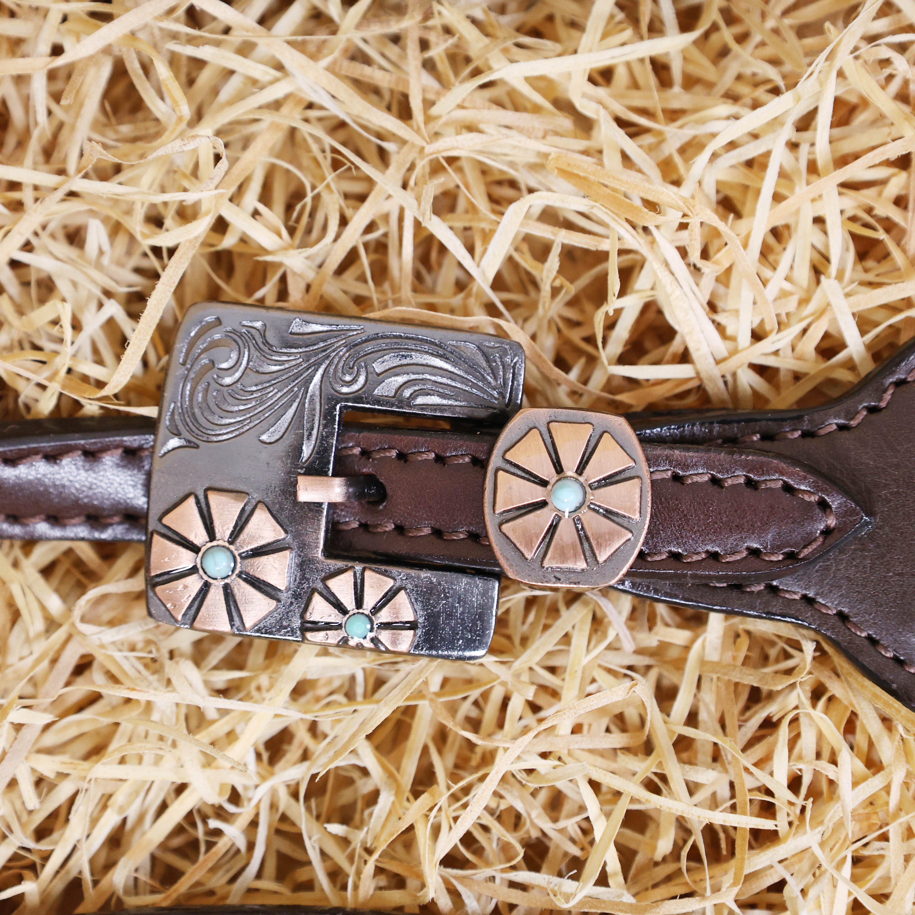 MOUSM Argentina Cow Leather Bridle & Breast Collar Set – Western Horse Tack with Leopard Print, Silver Studs & Antique Copper Hardware