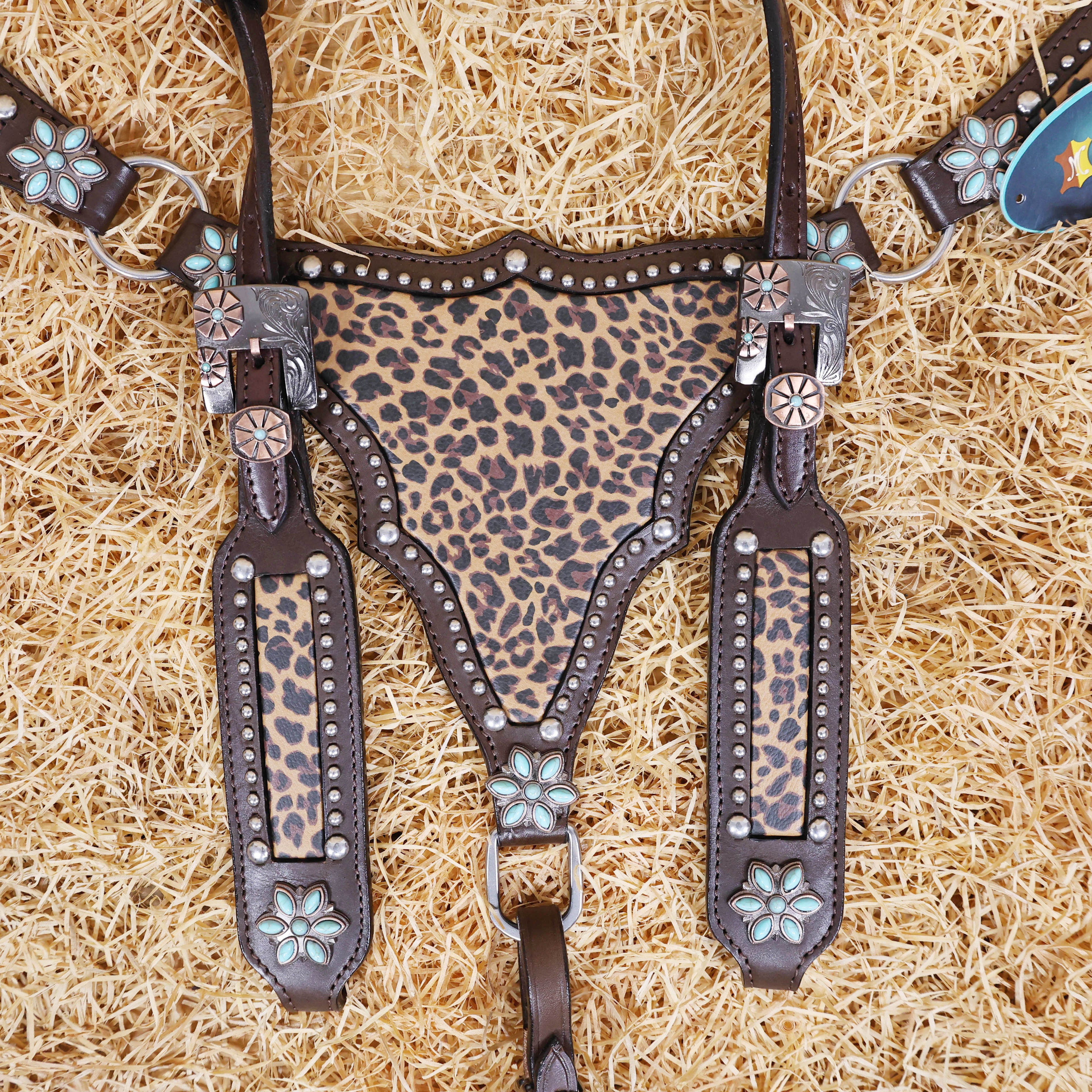 MOUSM Argentina Cow Leather Bridle & Breast Collar Set – Western Horse Tack with Leopard Print, Silver Studs & Antique Copper Hardware