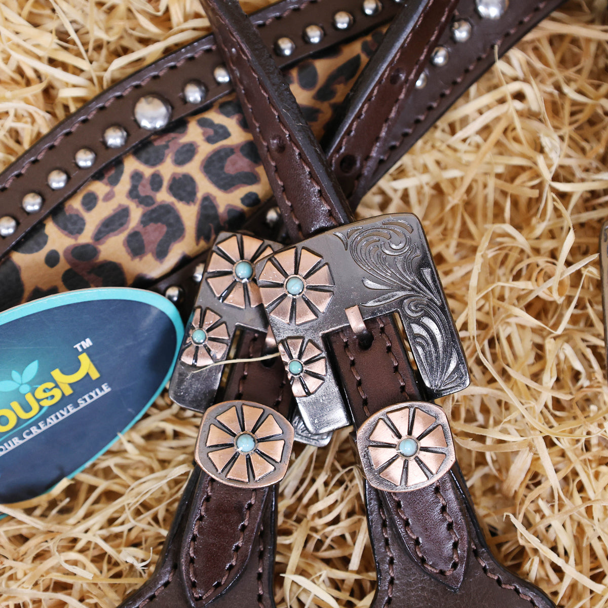 Leopard Print Headstall Tack Set, Turquoise Flower Concho