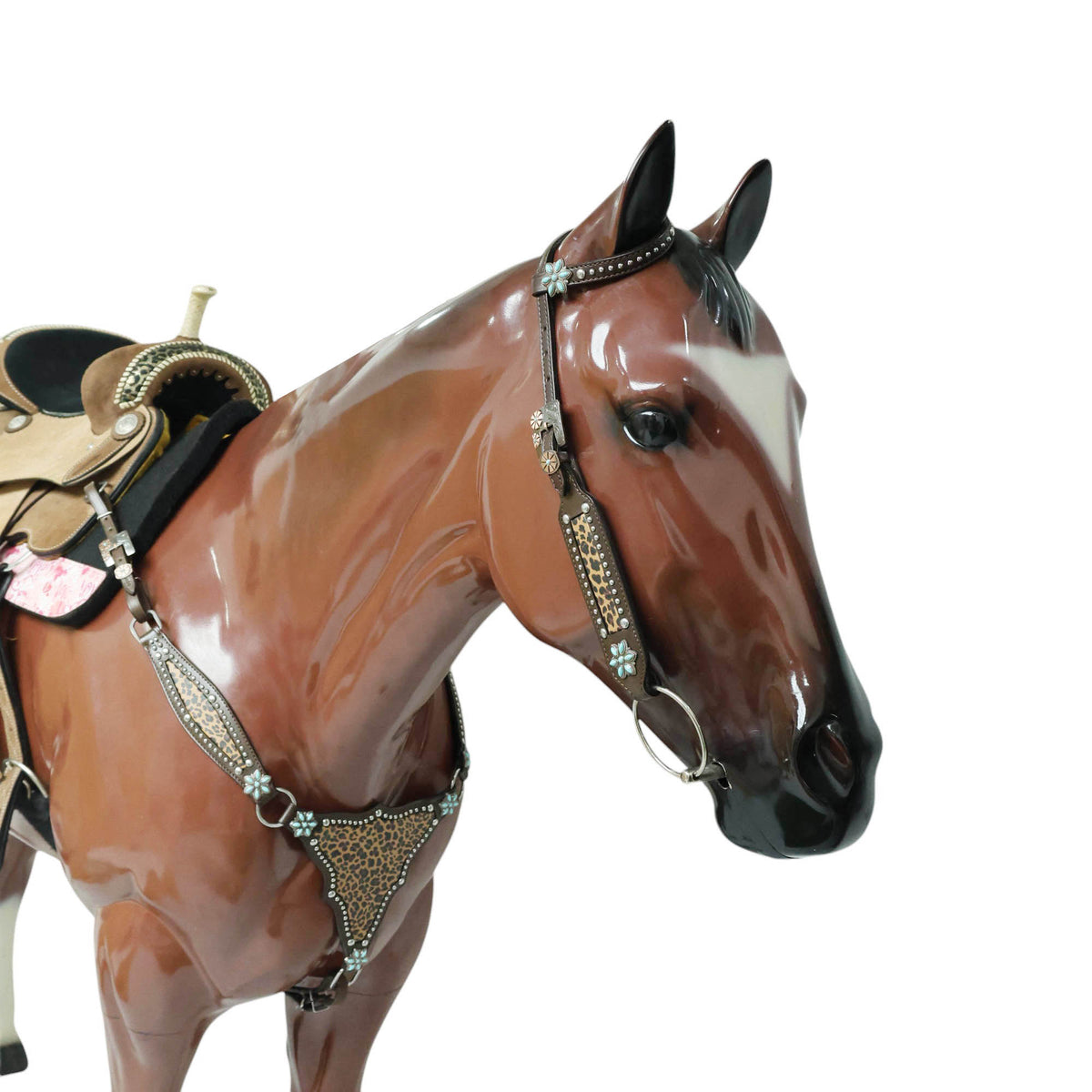 Leopard Print Headstall Tack Set, Turquoise Flower Concho