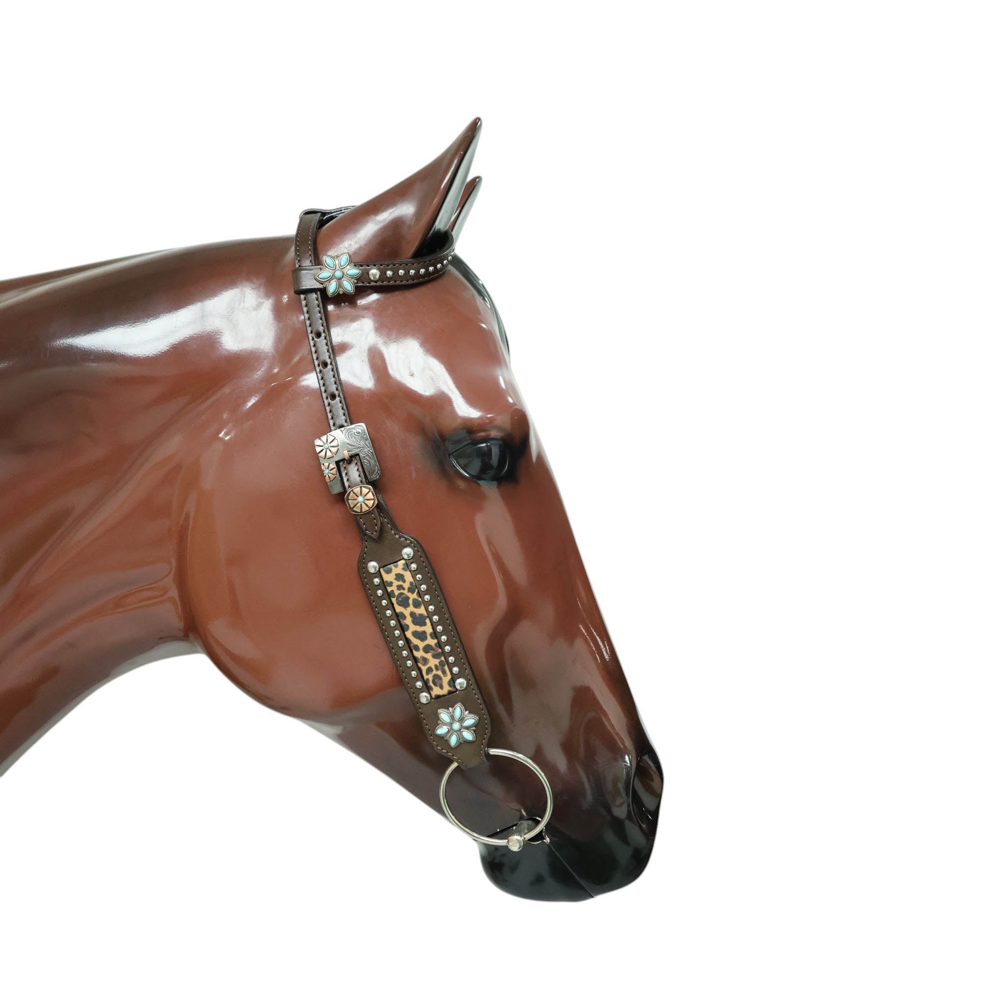 MOUSM Argentina Cow Leather Bridle & Breast Collar Set – Western Horse Tack with Leopard Print, Silver Studs & Antique Copper Hardware