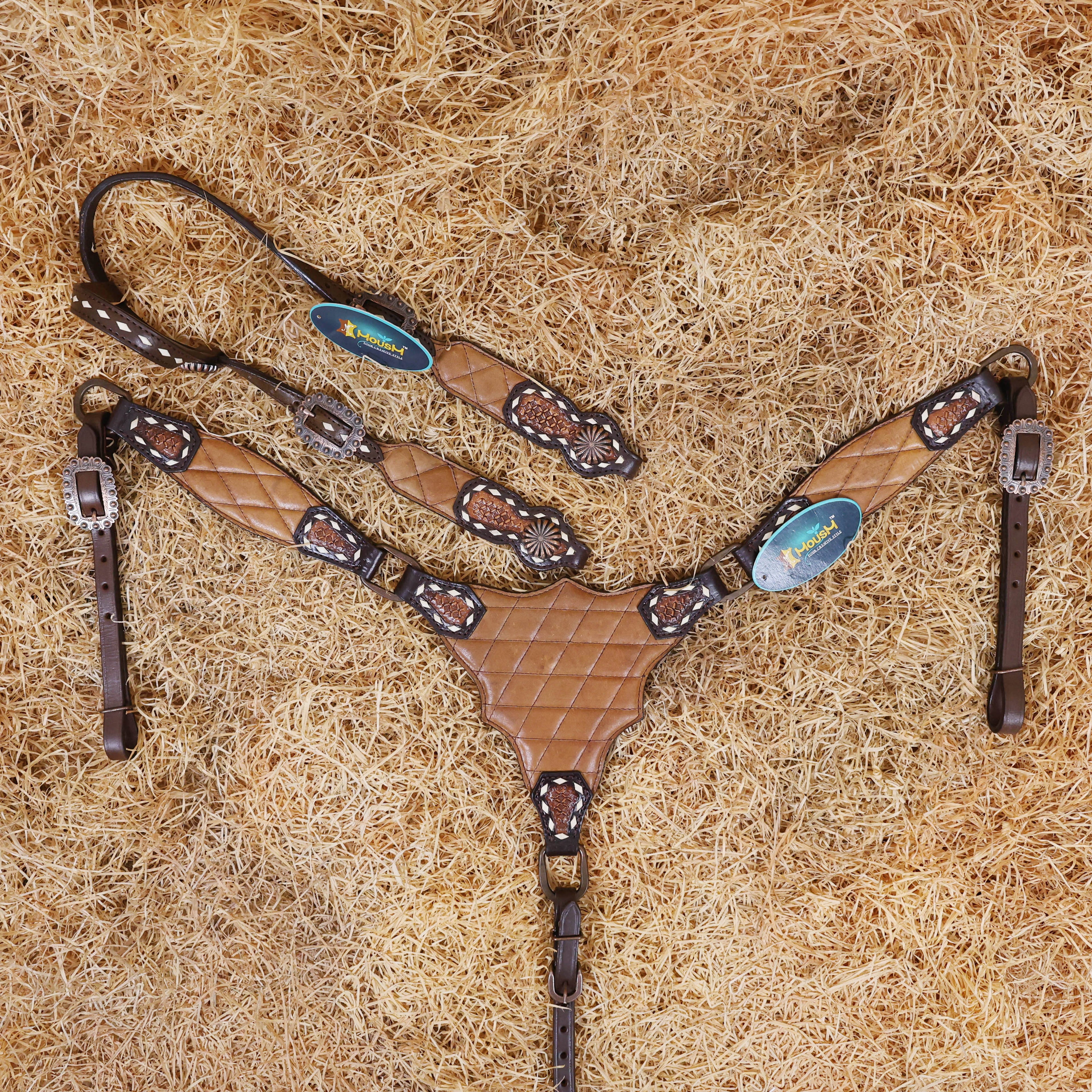 MOUSM Argentina Cow Leather Headstall & Breast Collar Set – Western Horse Tack with Geometrical Stitching & Leather Padded Design