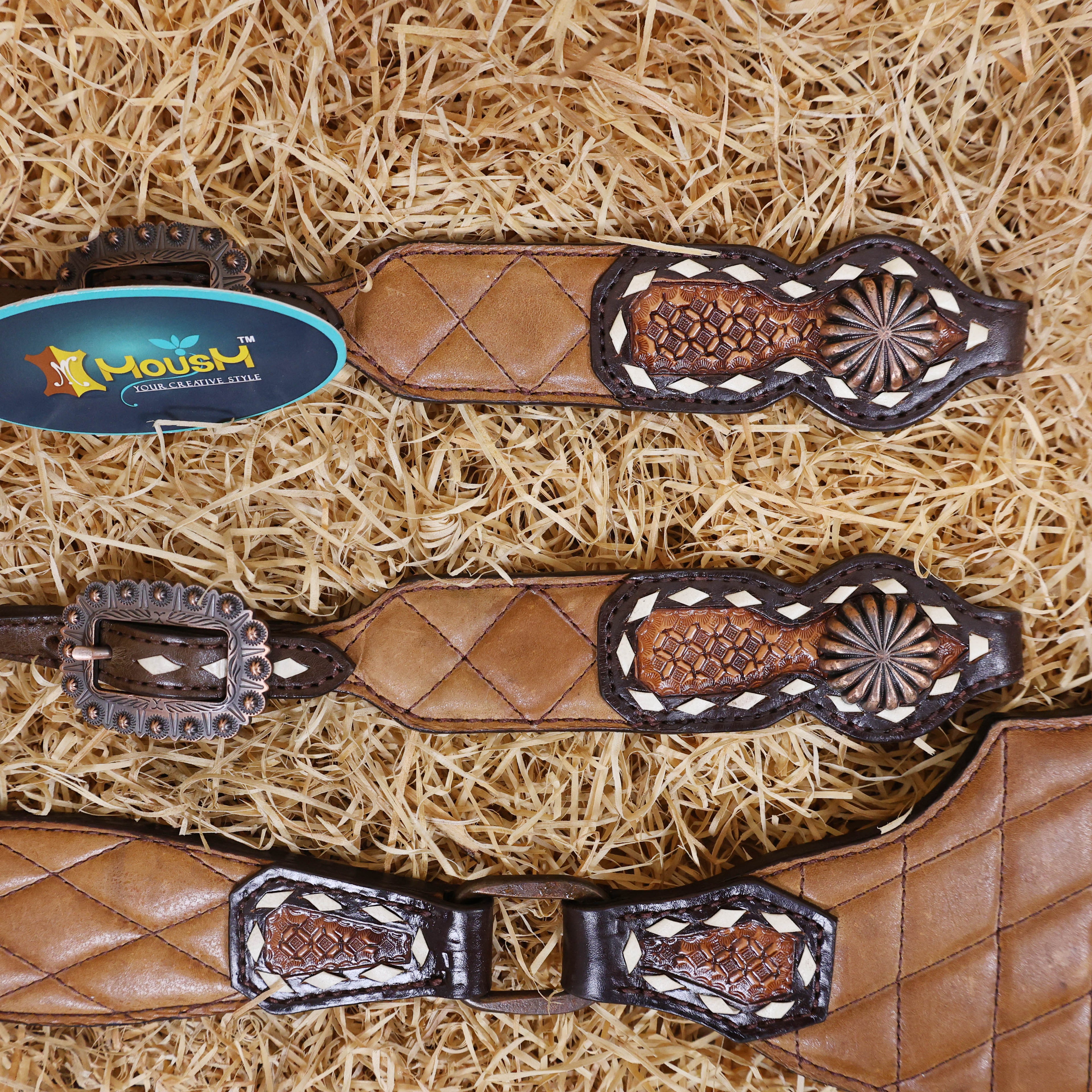 MOUSM Argentina Cow Leather Headstall & Breast Collar Set – Western Horse Tack with Geometrical Stitching & Leather Padded Design