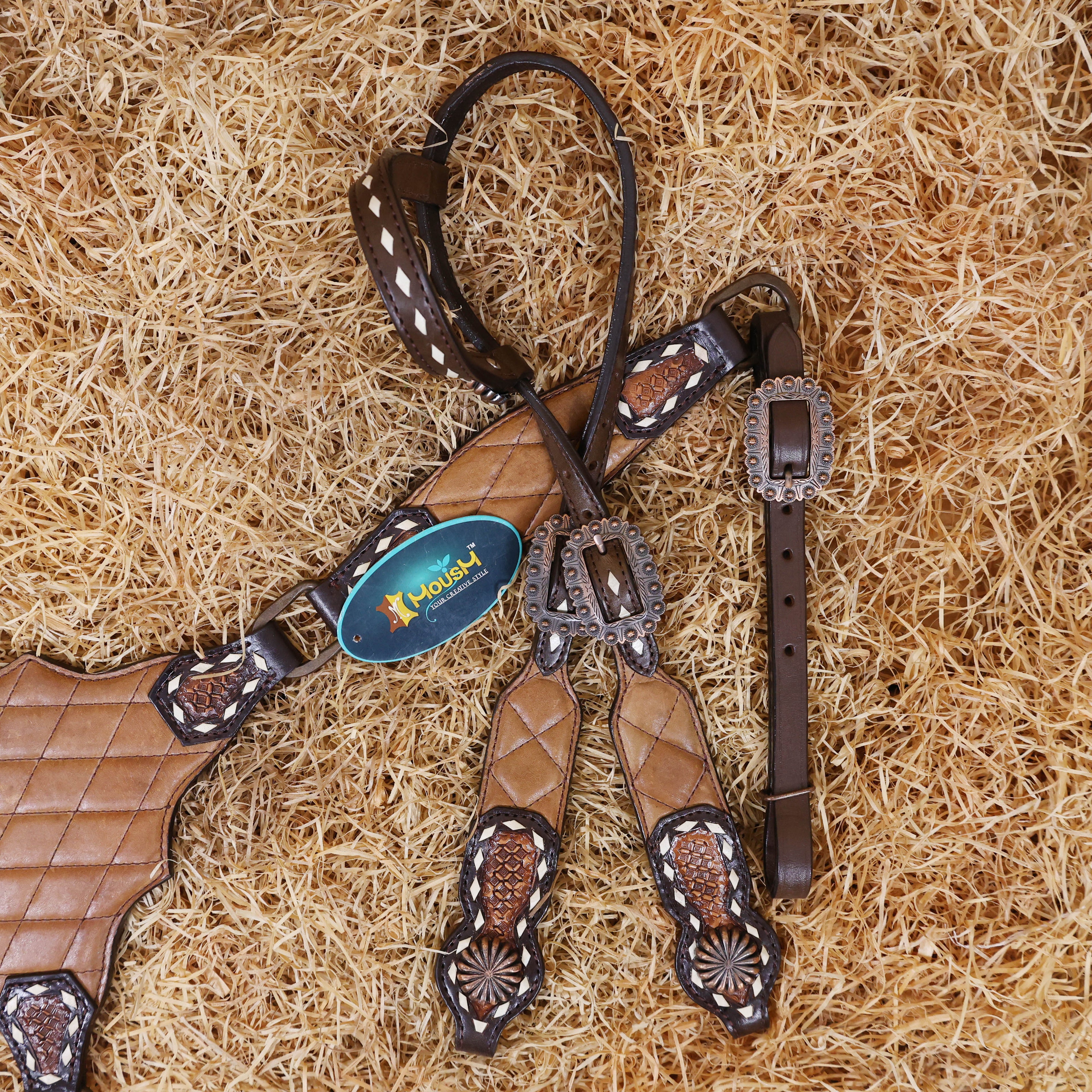 MOUSM Argentina Cow Leather Headstall & Breast Collar Set – Western Horse Tack with Geometrical Stitching & Leather Padded Design