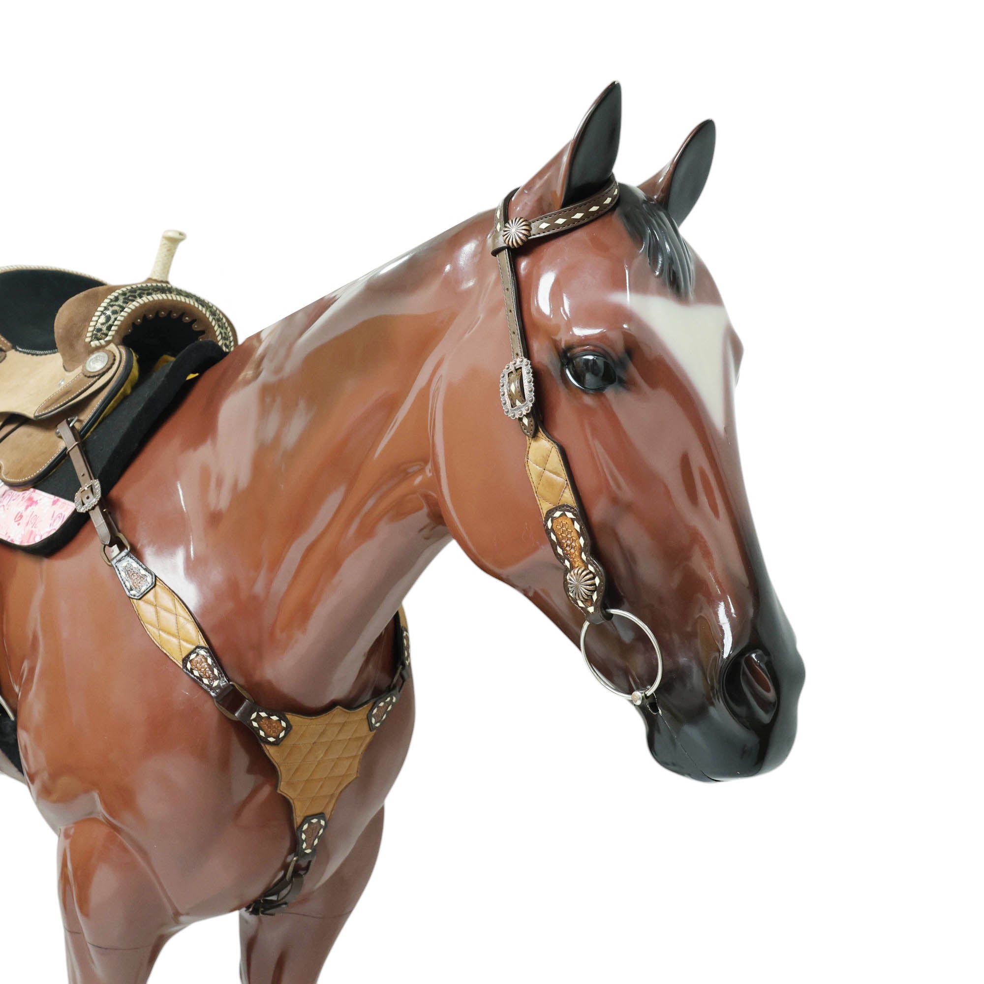 MOUSM Argentina Cow Leather Headstall & Breast Collar Set – Western Horse Tack with Geometrical Stitching & Leather Padded Design