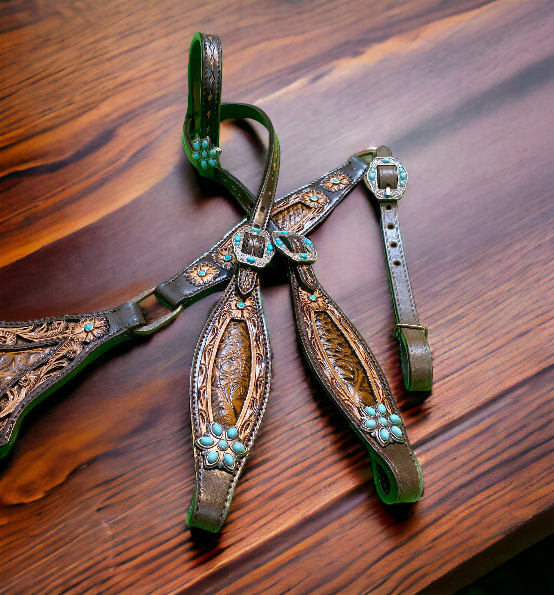 MOUSM Argentina Cow Leather Headstall and Breast Collar Set – Western Horse Bridle with Filigree Carving & Light Brown Alligator Leather