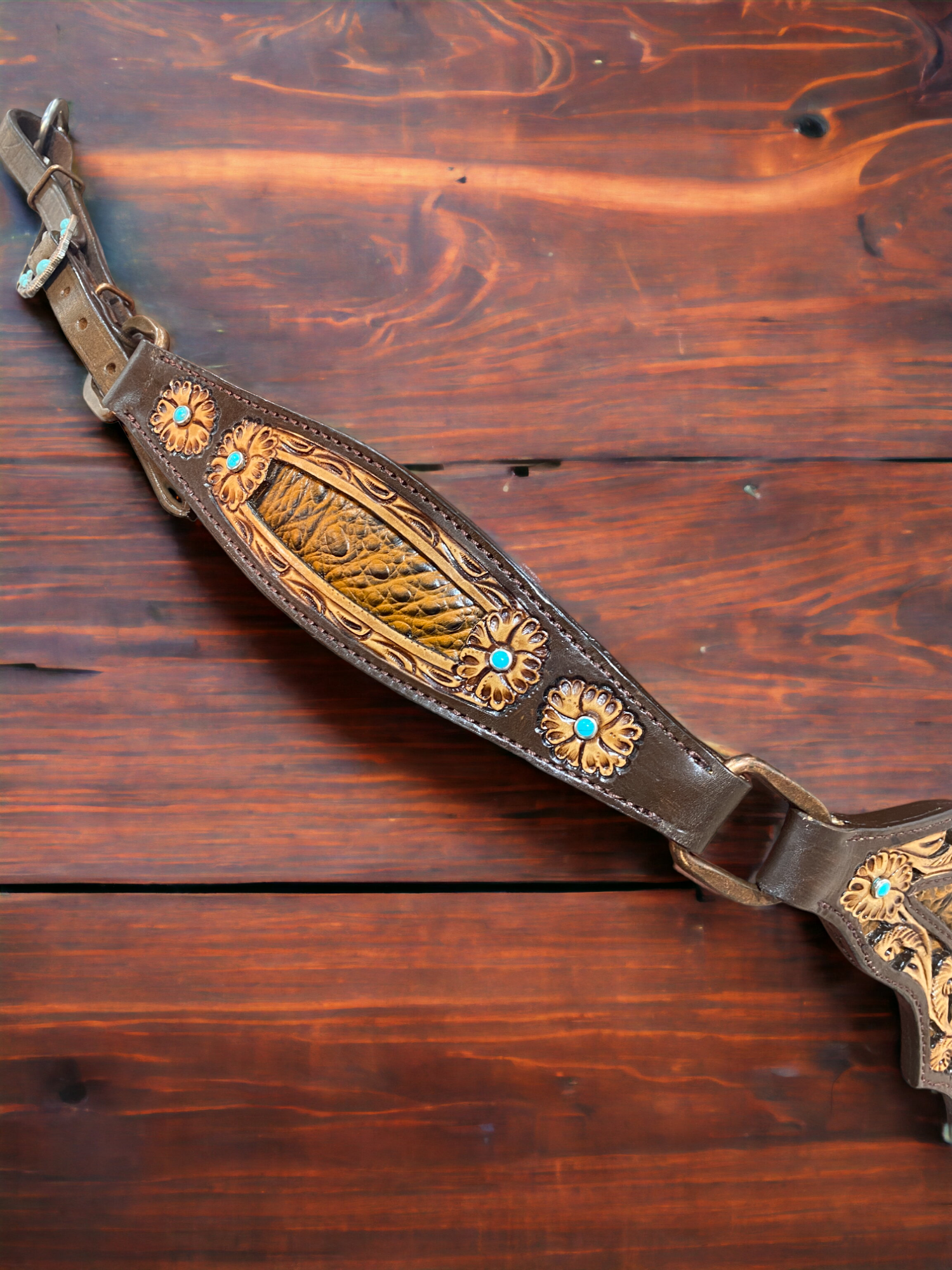MOUSM Argentina Cow Leather Headstall and Breast Collar Set – Western Horse Bridle with Filigree Carving & Light Brown Alligator Leather