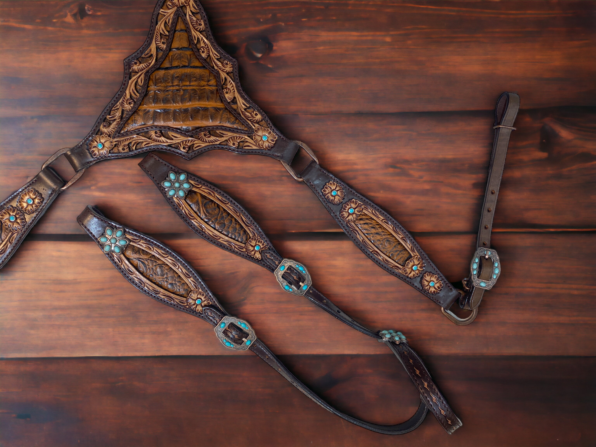 MOUSM Argentina Cow Leather Headstall and Breast Collar Set – Western Horse Bridle with Filigree Carving & Light Brown Alligator Leather