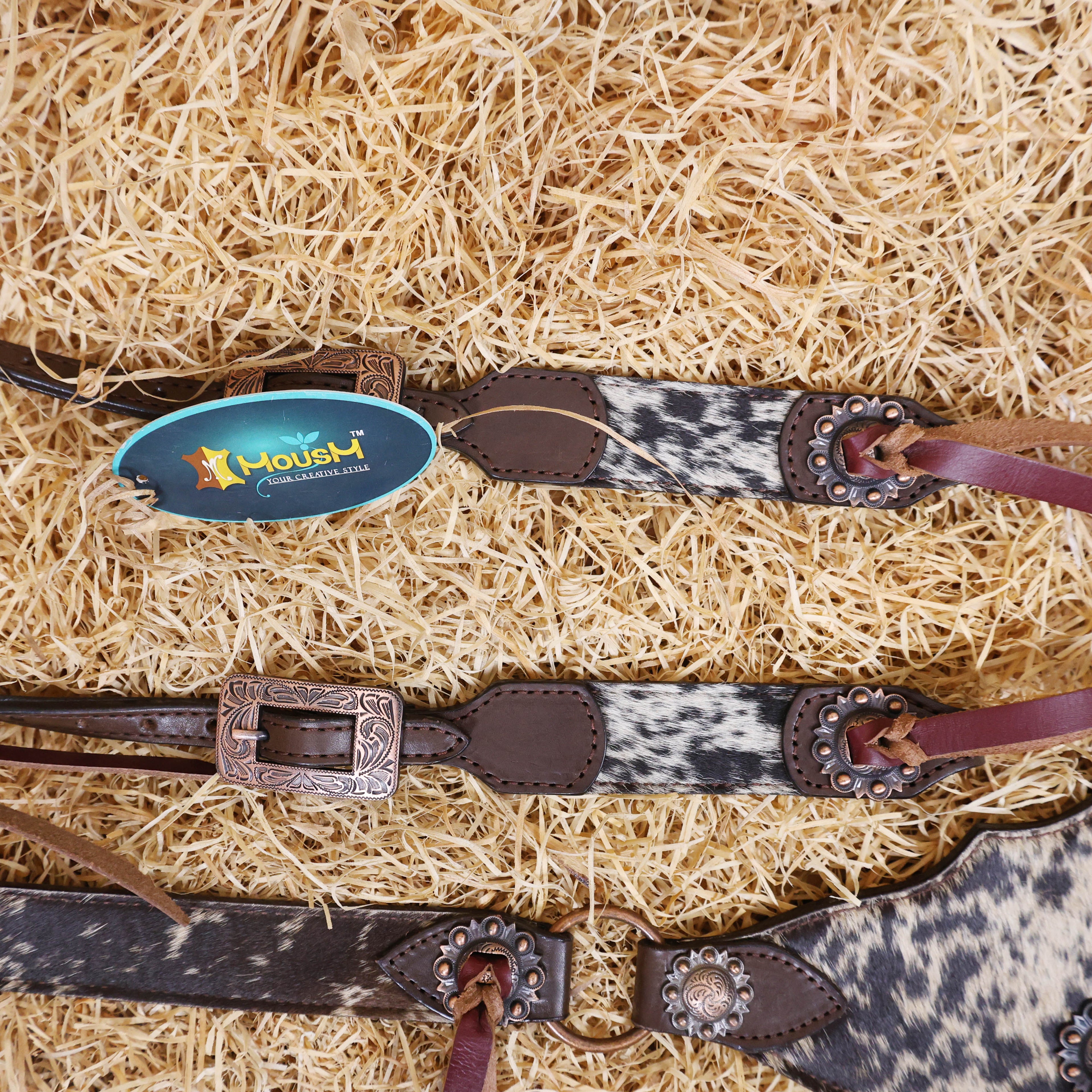 MOUSM Argentina Cow Leather Bridle & Breast Collar Set – Western Horse Tack with Natural Salt Paper, Cowhide & String Concho