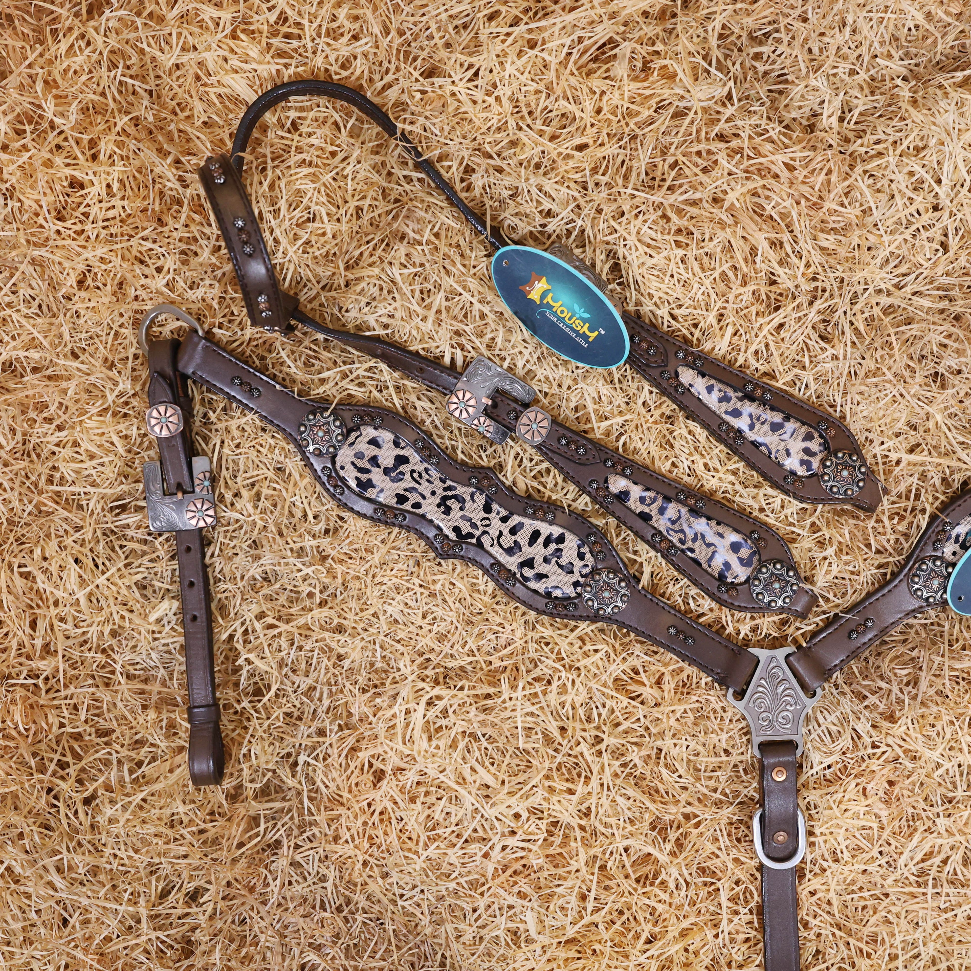 MOUSM Argentina Cow Leather Headstall and Breast Collar Set for Horse, Western Headstall Set Decorated with Leopard Printed Leather, Antique Copper Hardware