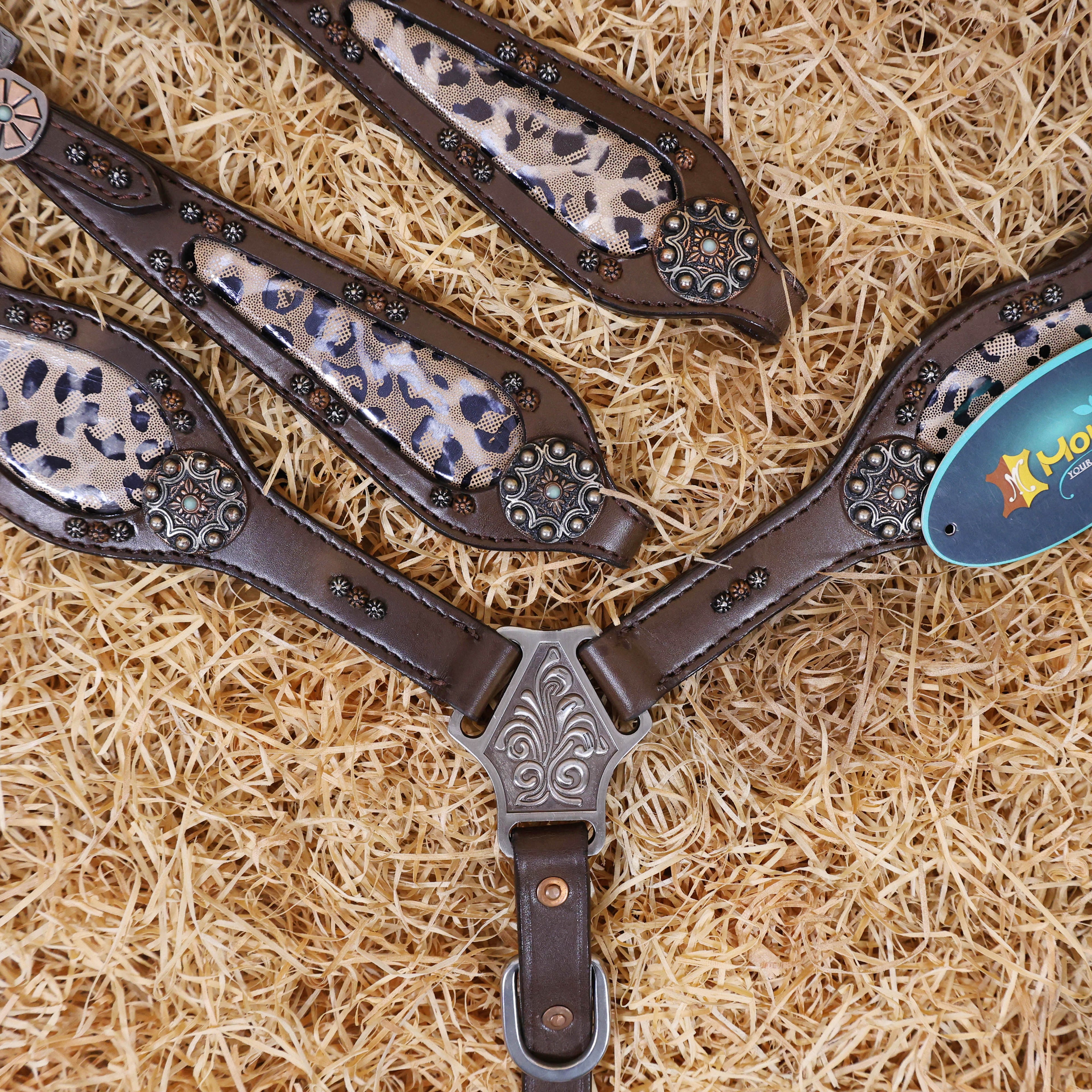 MOUSM Argentina Cow Leather Headstall and Breast Collar Set for Horse, Western Headstall Set Decorated with Leopard Printed Leather, Antique Copper Hardware