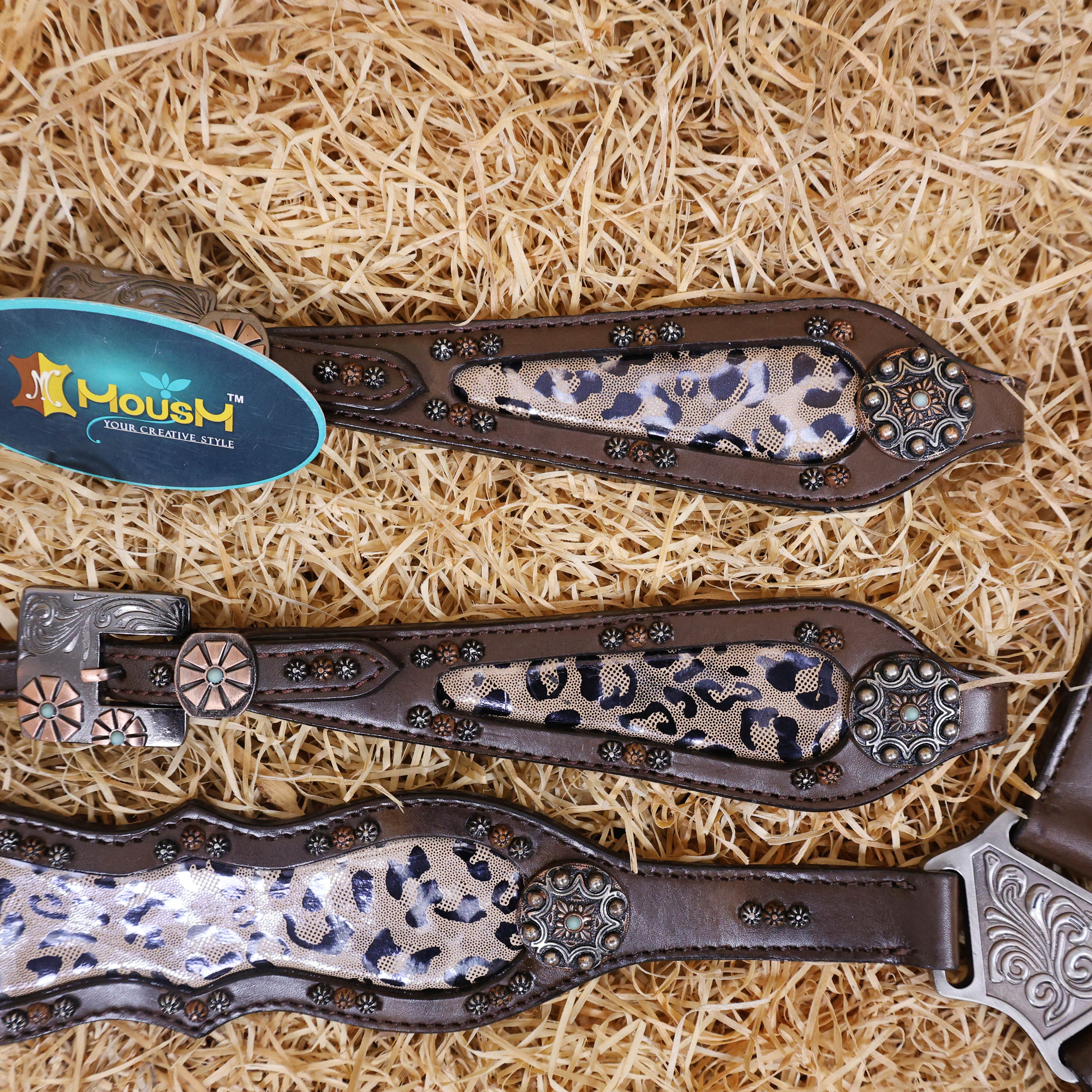 MOUSM Argentina Cow Leather Headstall and Breast Collar Set for Horse, Western Headstall Set Decorated with Leopard Printed Leather, Antique Copper Hardware