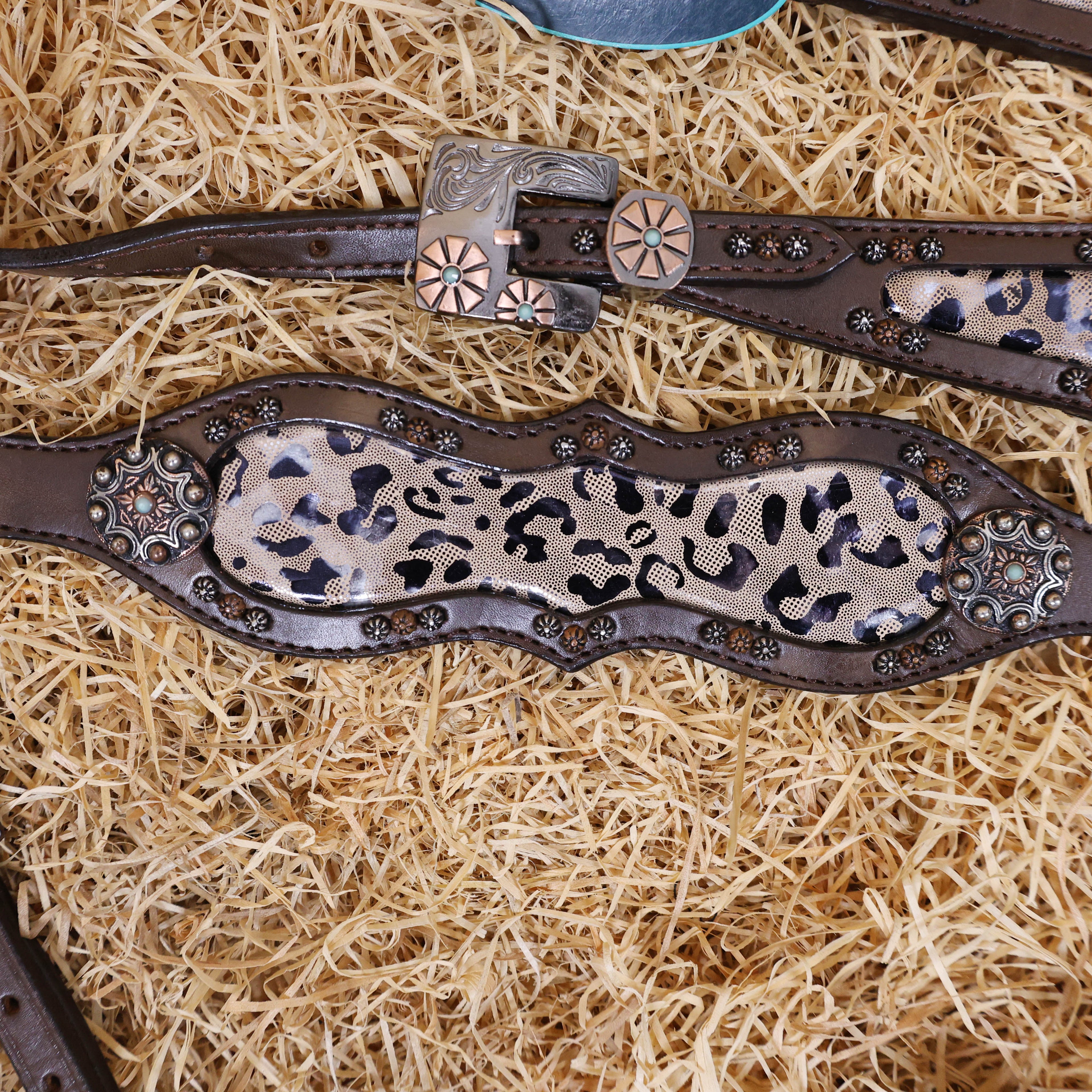 MOUSM Argentina Cow Leather Headstall and Breast Collar Set for Horse, Western Headstall Set Decorated with Leopard Printed Leather, Antique Copper Hardware